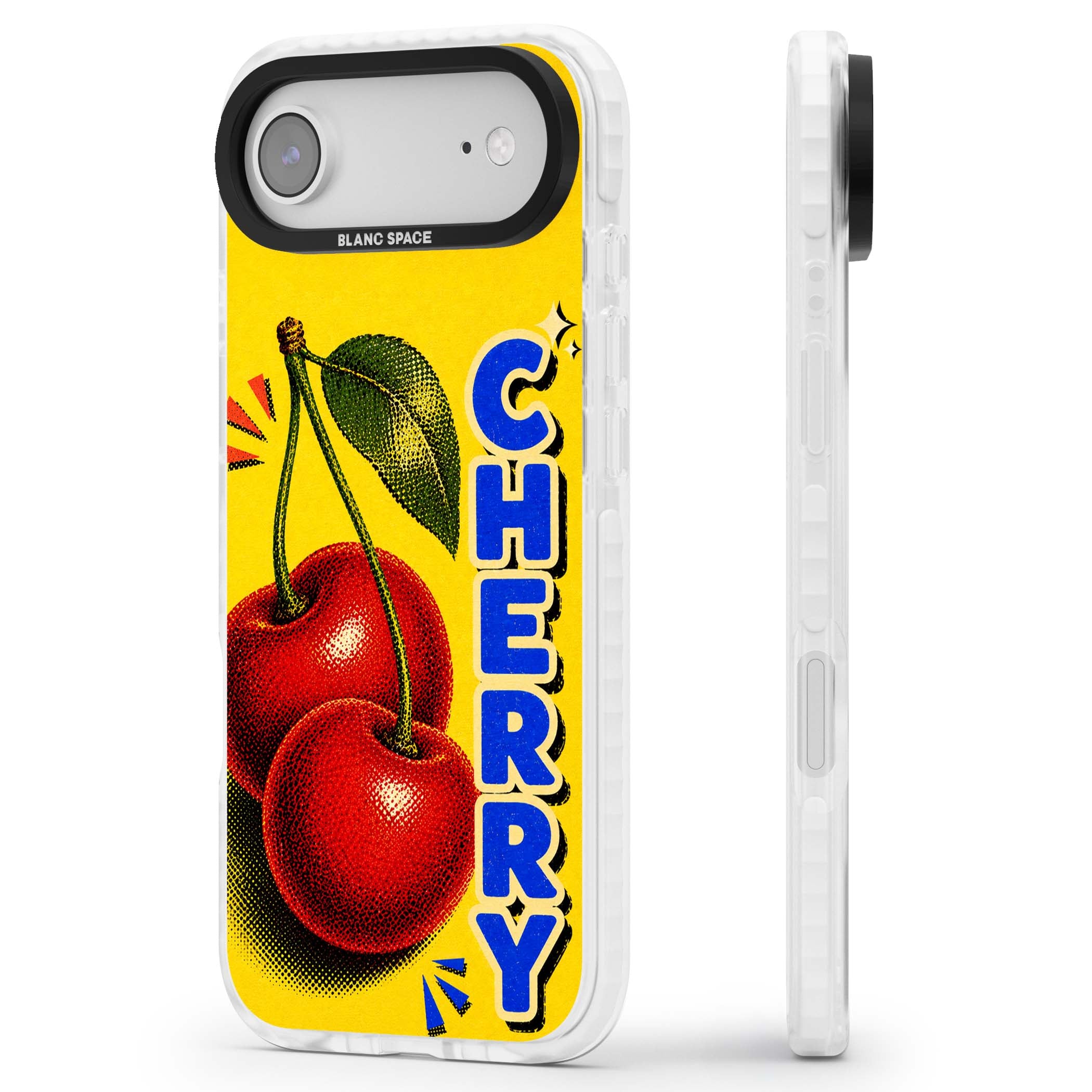 Cherry Yellow y2k iPhone case featuring two red cherries, halftone shading and bold blue CHERRY lettering on yellow | Impact Magsafe case for iPhone Air
