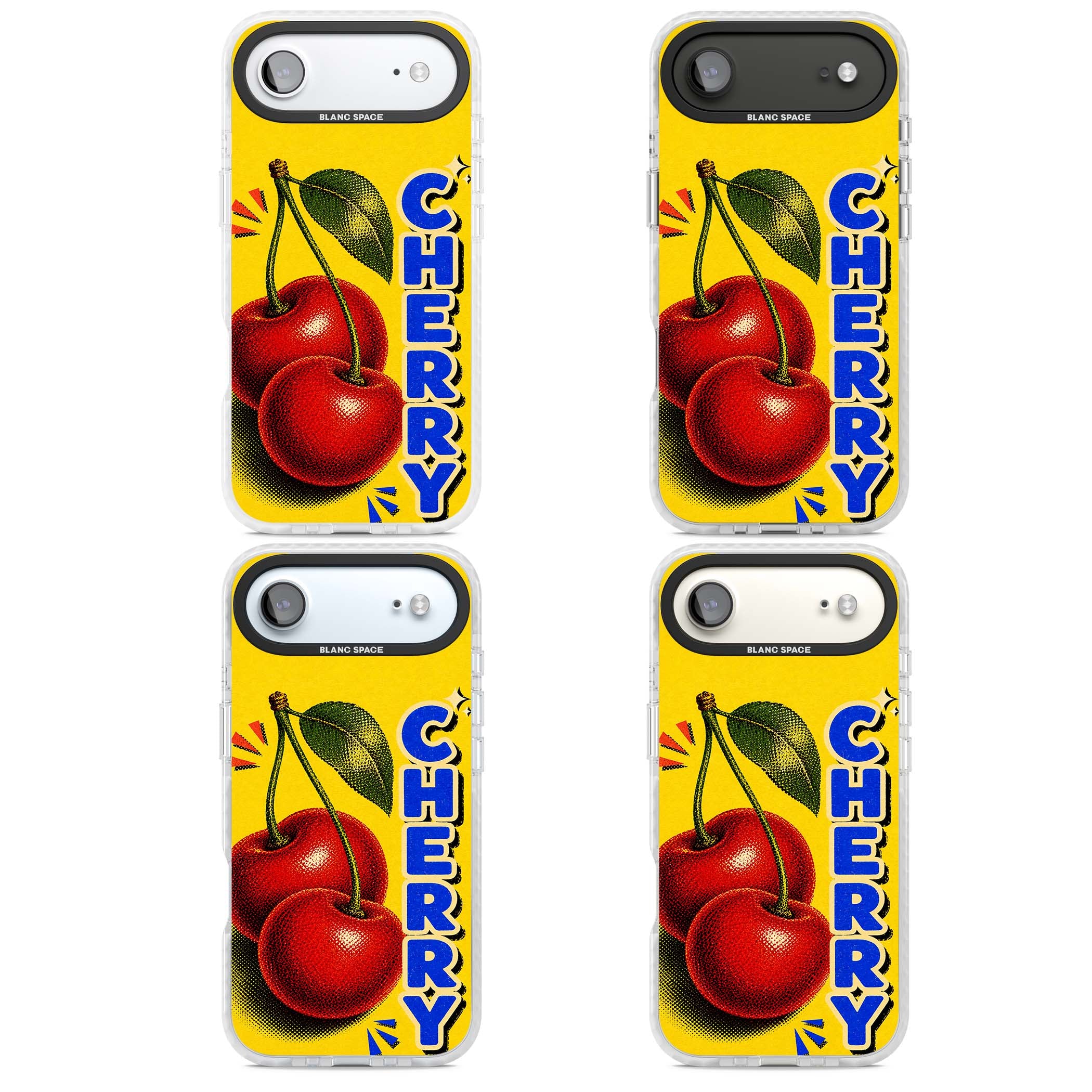 Cherry Yellow y2k iPhone case featuring two red cherries, halftone shading and bold blue CHERRY lettering on yellow | Impact Magsafe case for iPhone Air