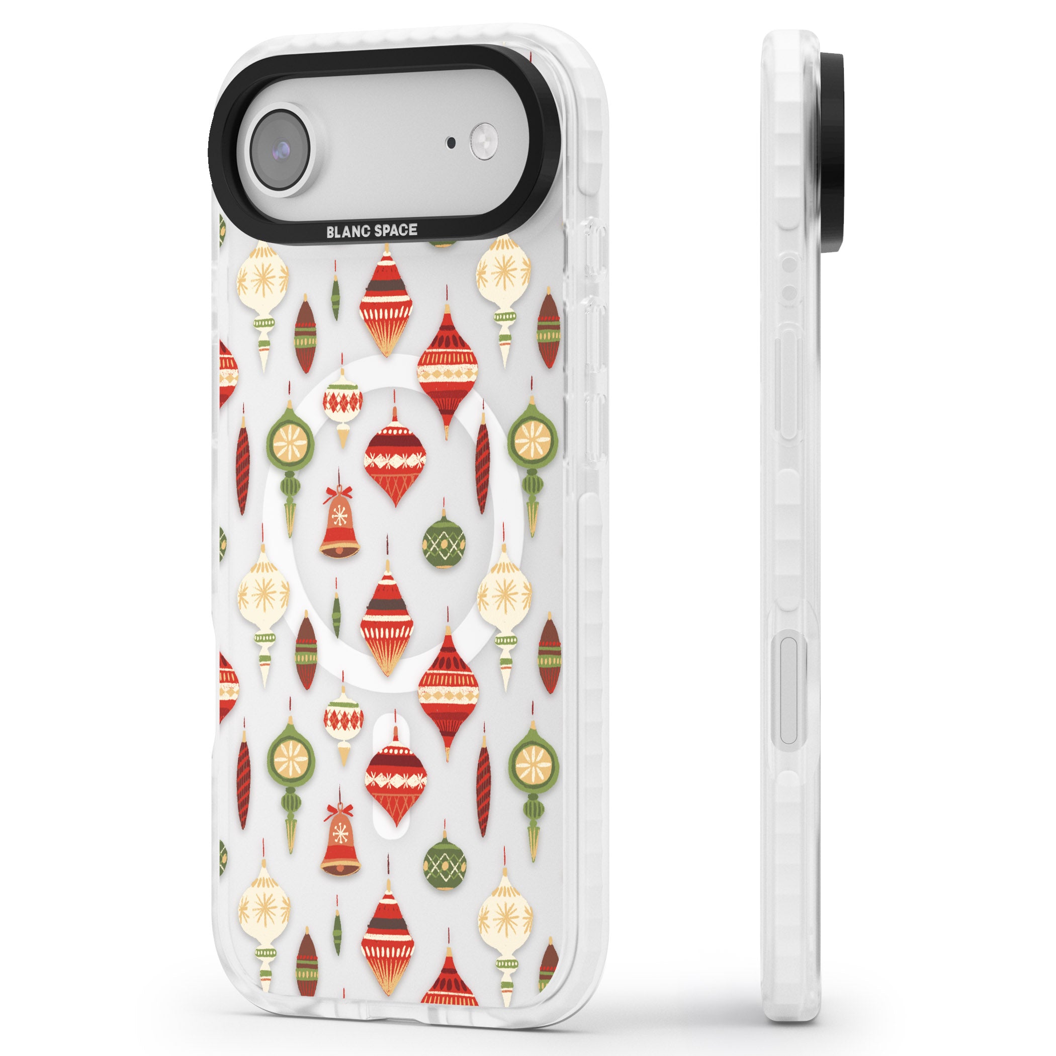 Christmas Baubles Pattern iPhone 17 Air Impact Pro Clear Phone Case Side Profile