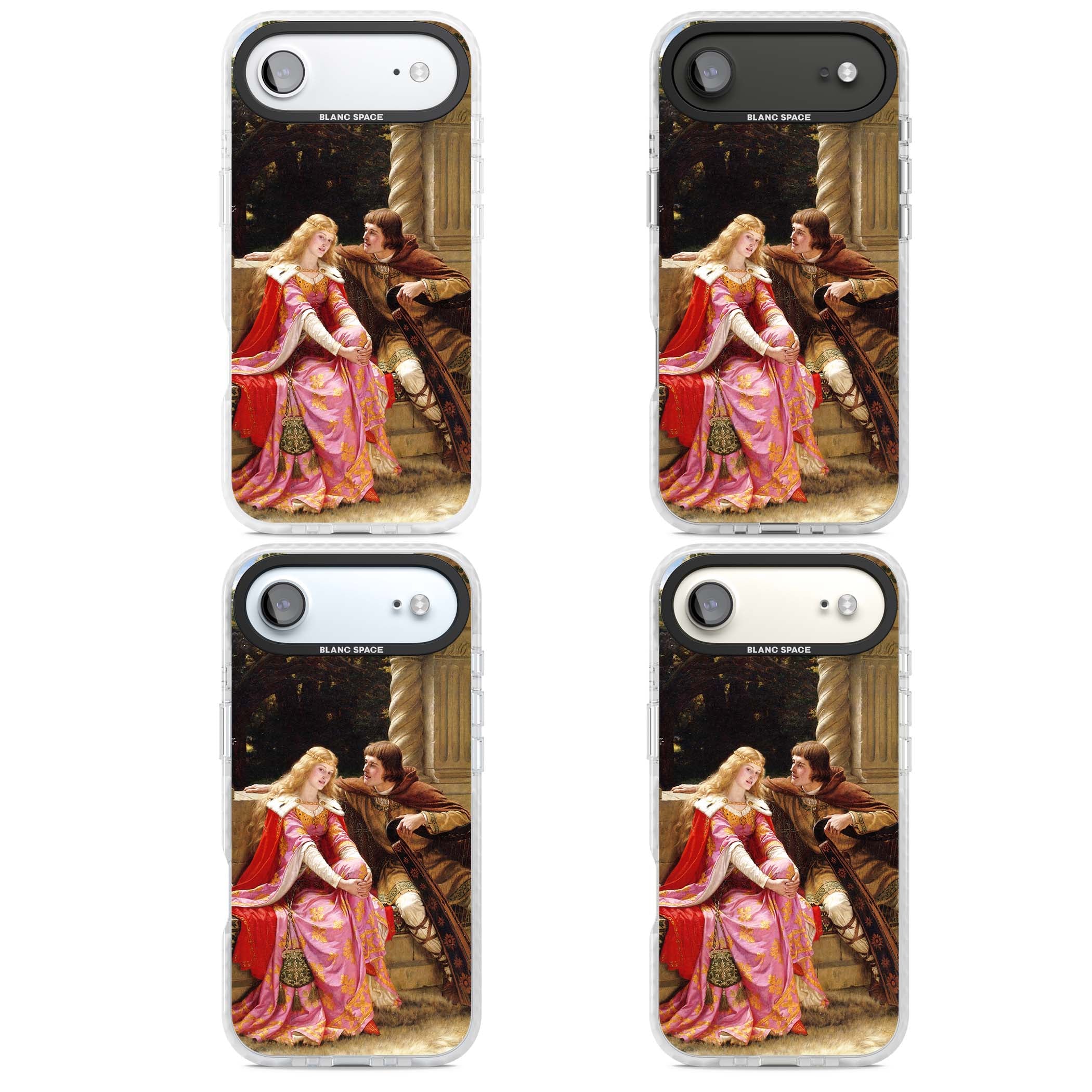 The End of the Song classic art iPhone case featuring a medieval lady in pink gown and her knight in a stone archway | Impact Magsafe case for iPhone Air