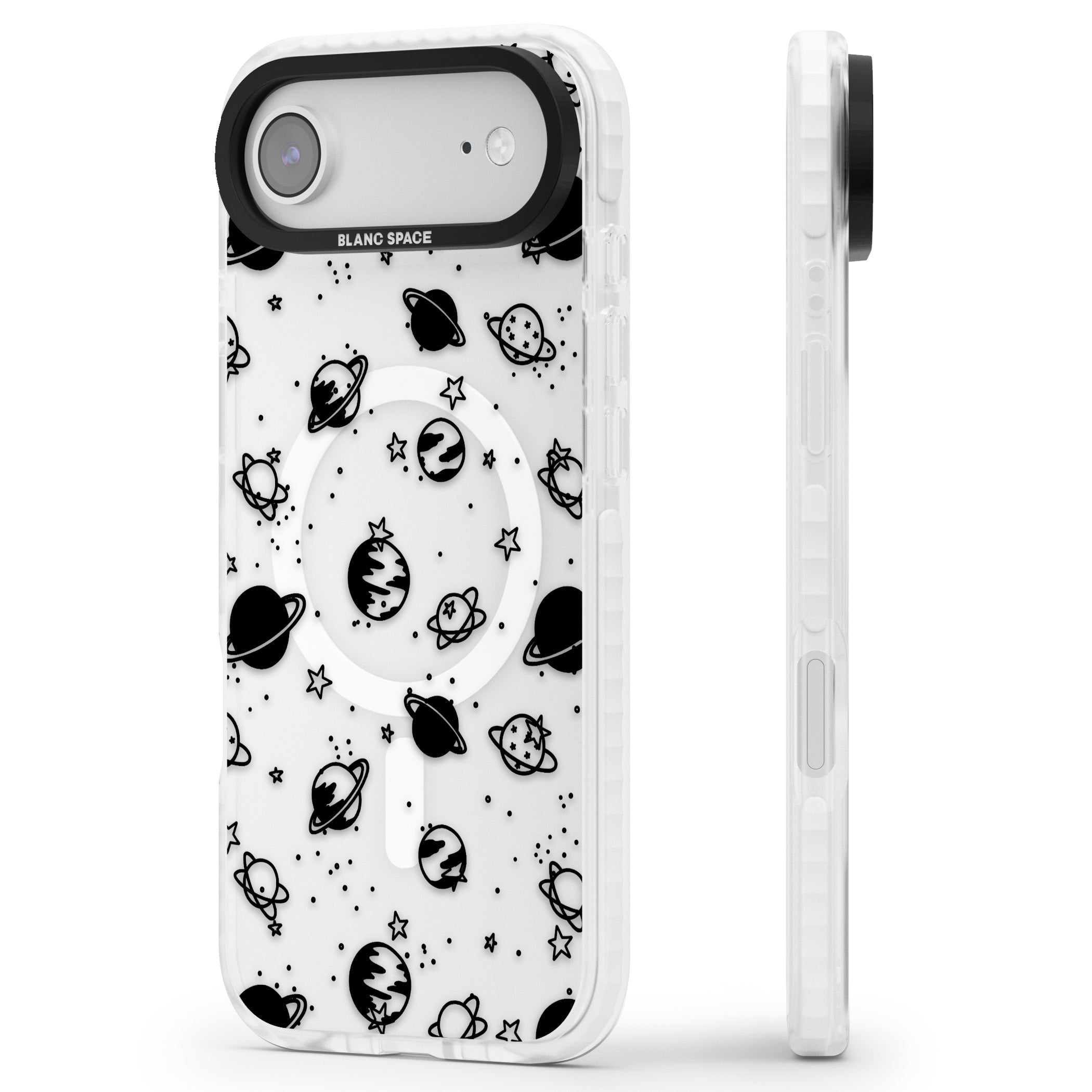 Black Planets iPhone 17 Air Impact Pro Clear Phone Case Side Profile