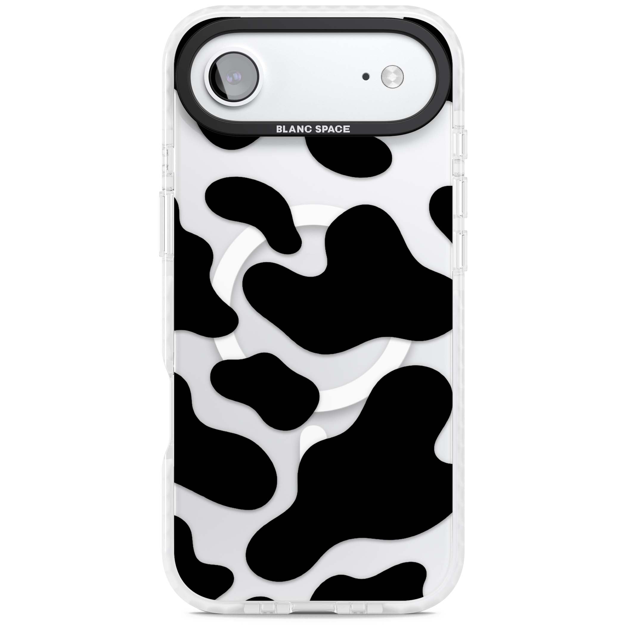 Clear Cow Print cow print iPhone case featuring black and white cow pattern splotches on a clear background | Impact Magsafe case for iPhone Air