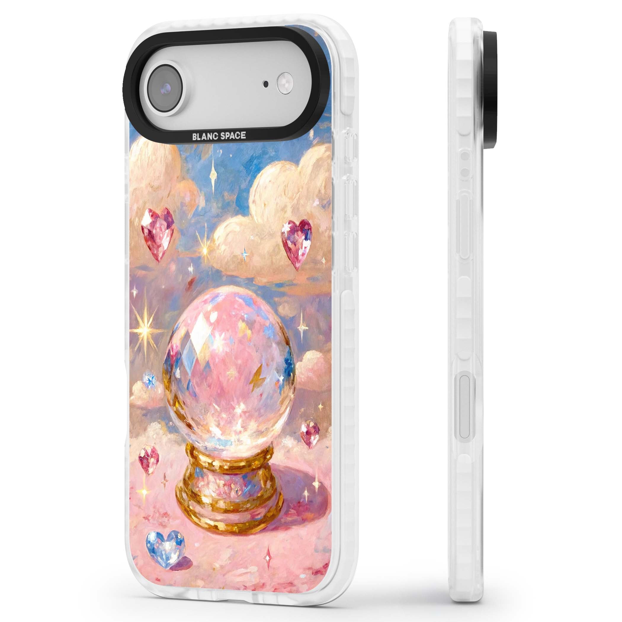 Crystal Ball fairycore iPhone case featuring a painted crystal ball, heart gemstones, and pastel clouds | Impact Magsafe case for iPhone Air