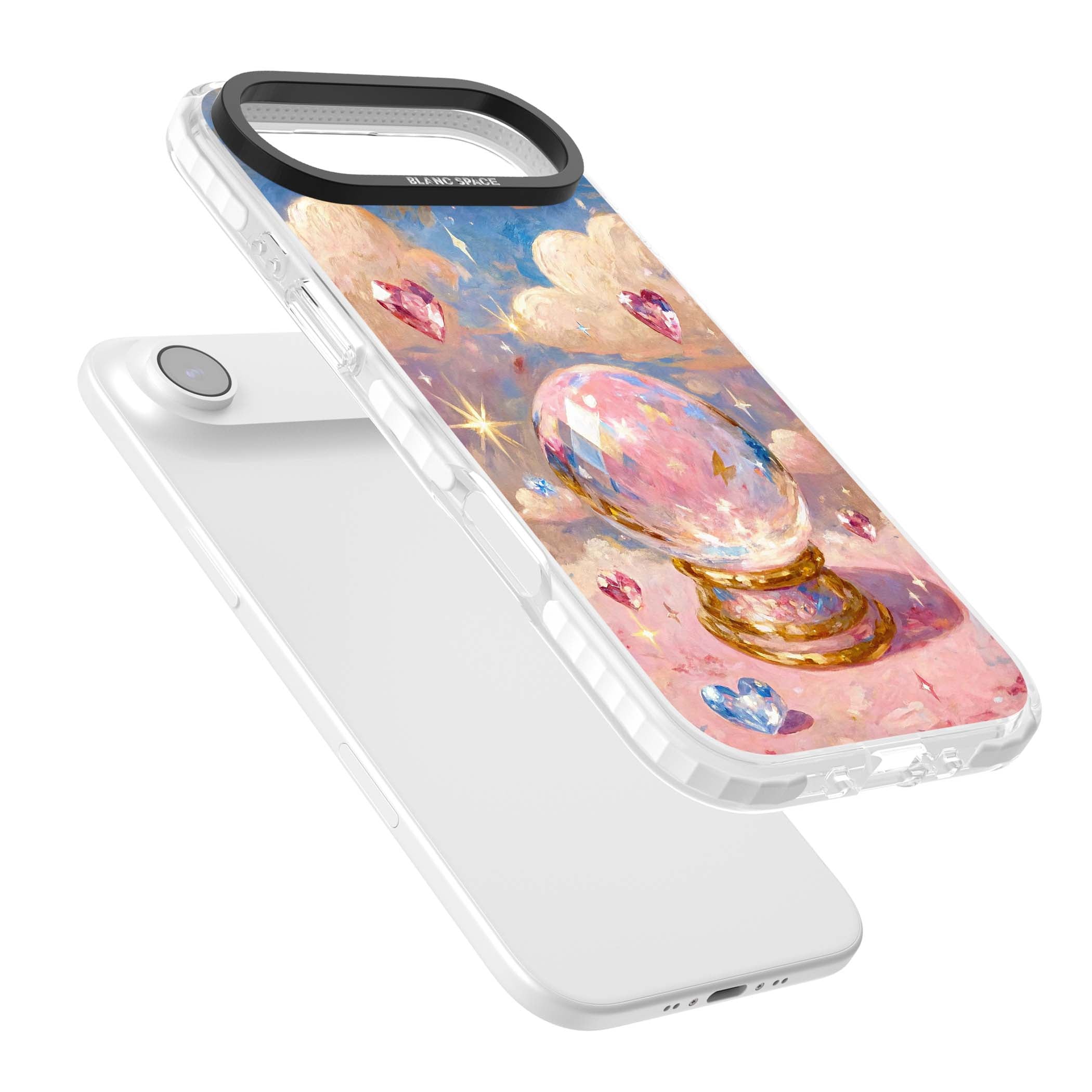 Crystal Ball fairycore iPhone case featuring a painted crystal ball, heart gemstones, and pastel clouds | Impact Magsafe case for iPhone Air