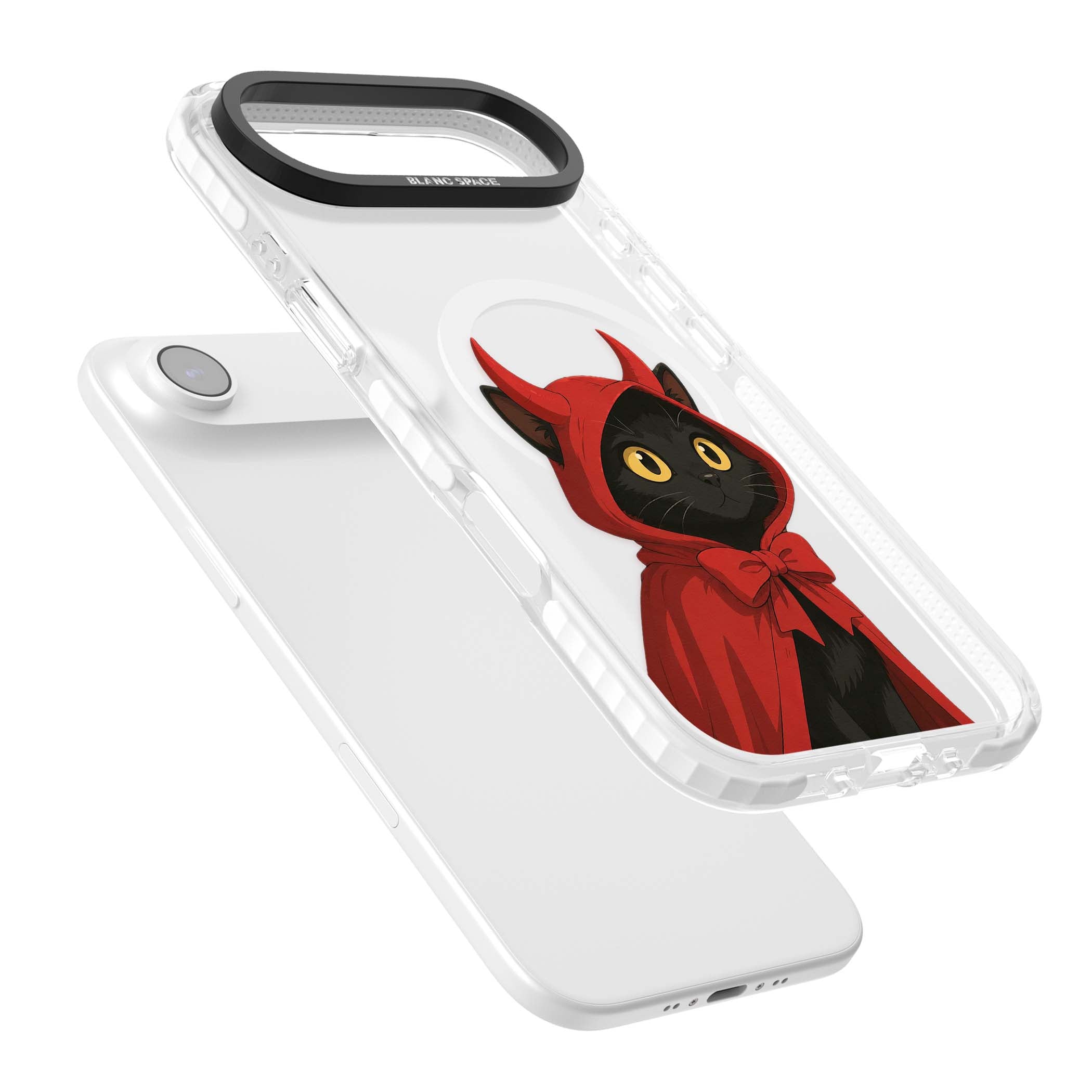 Little Devil halloween iPhone case featuring a black cat in a red hooded devil cloak with horns and golden eyes | Impact Magsafe case for iPhone Air