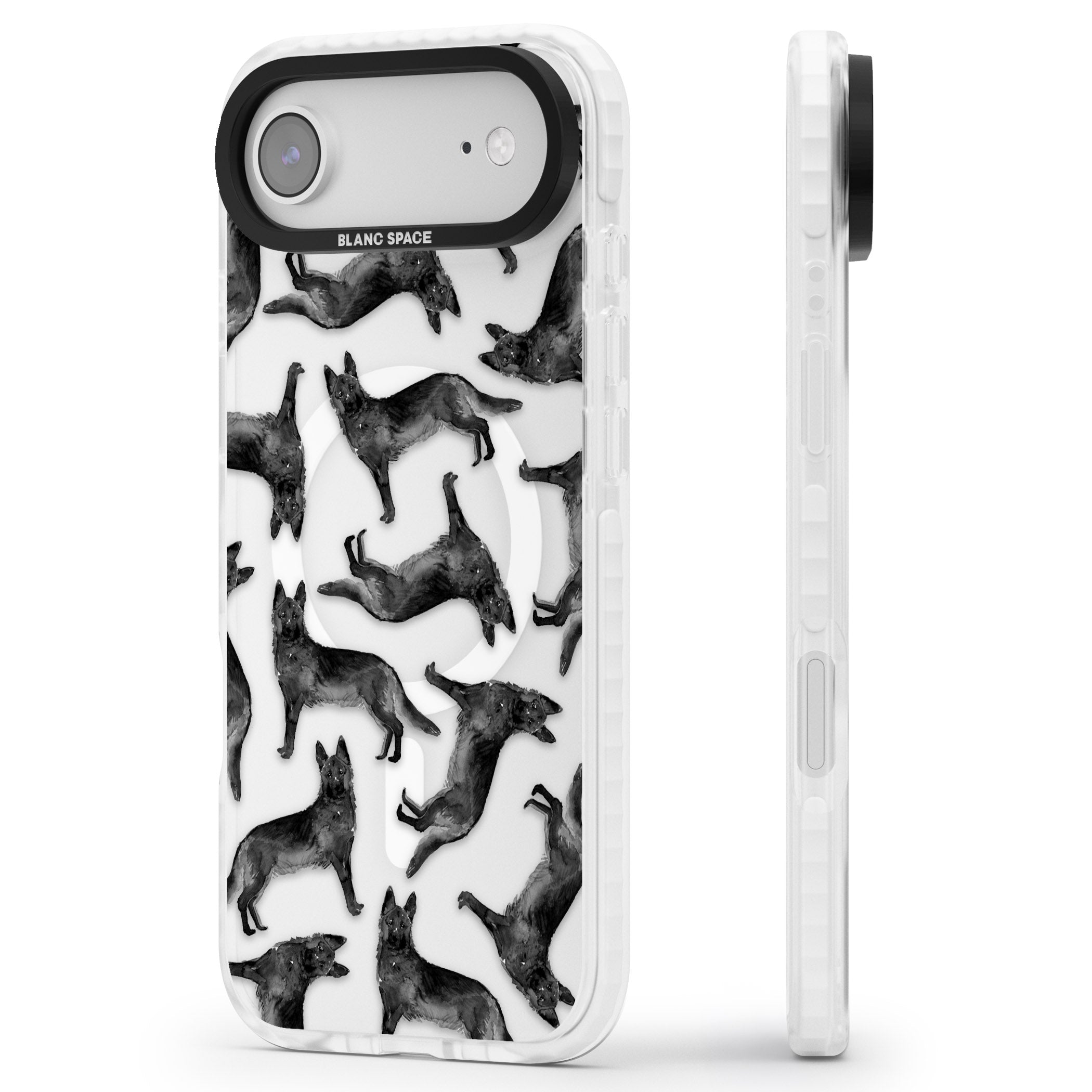 German Shepherd Pattern Black iPhone 17 Air Impact Pro Clear Phone Case Side Profile