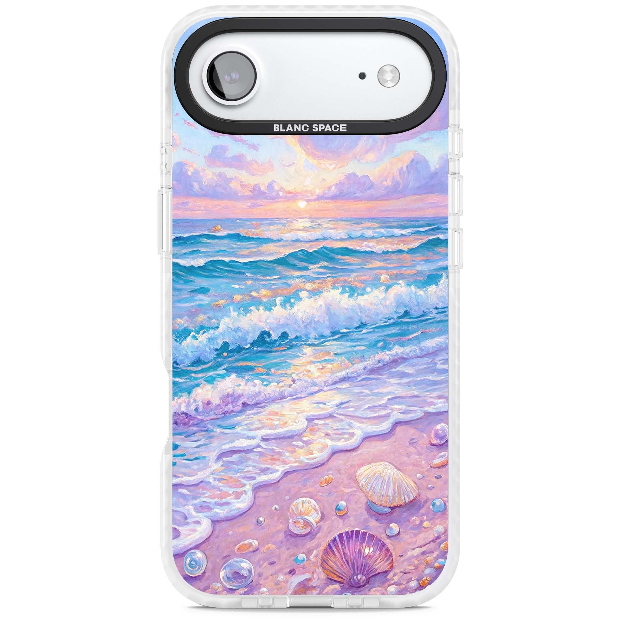 Pearl Shore coastal iPhone case featuring pastel painted waves, seashells, and a sunrise sky over a lavender beach. | Impact Magsafe case for iPhone Air