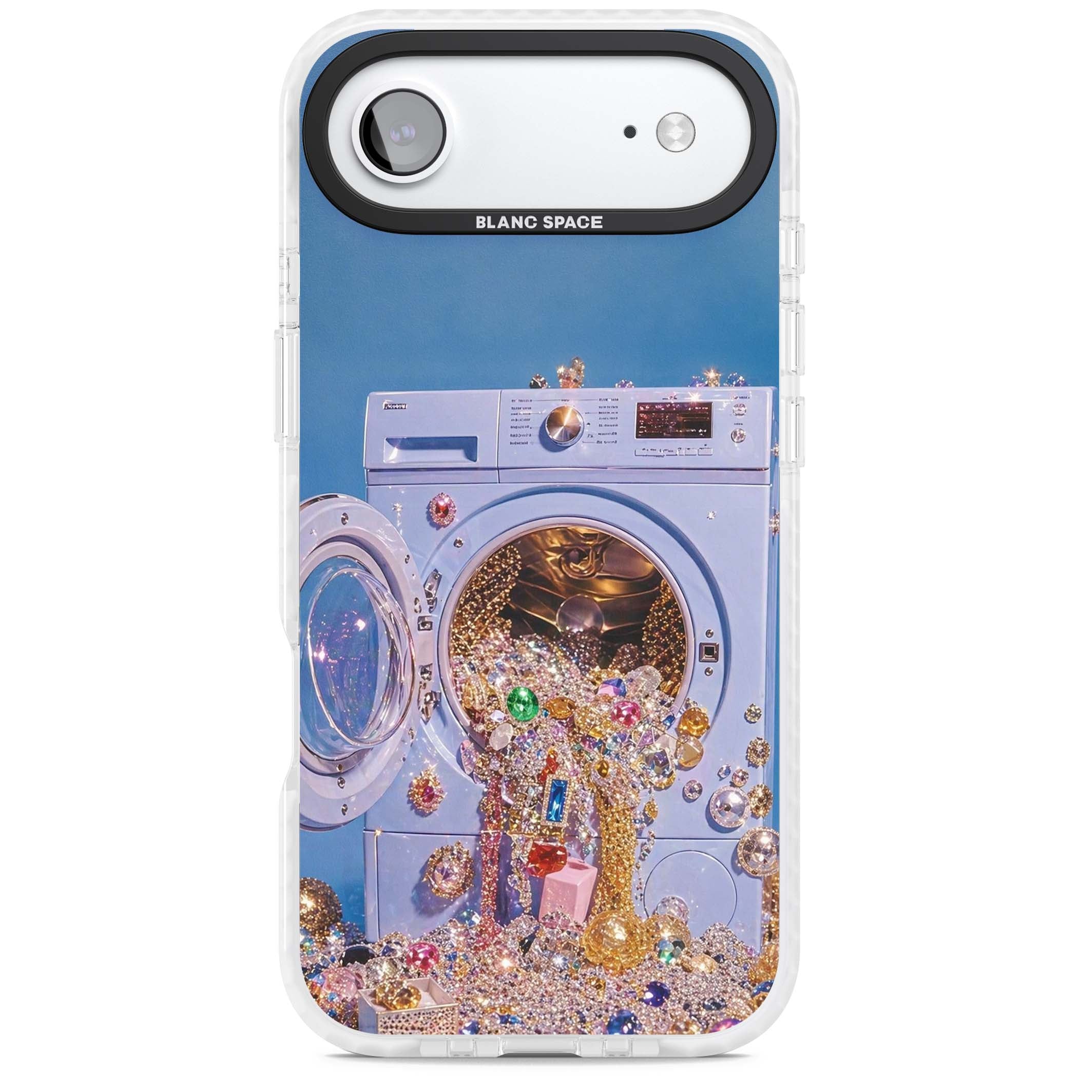Gem Laundry baddie iPhone case featuring a surreal washing machine overflowing with colourful gemstones and crystals | Impact Magsafe case for iPhone Air