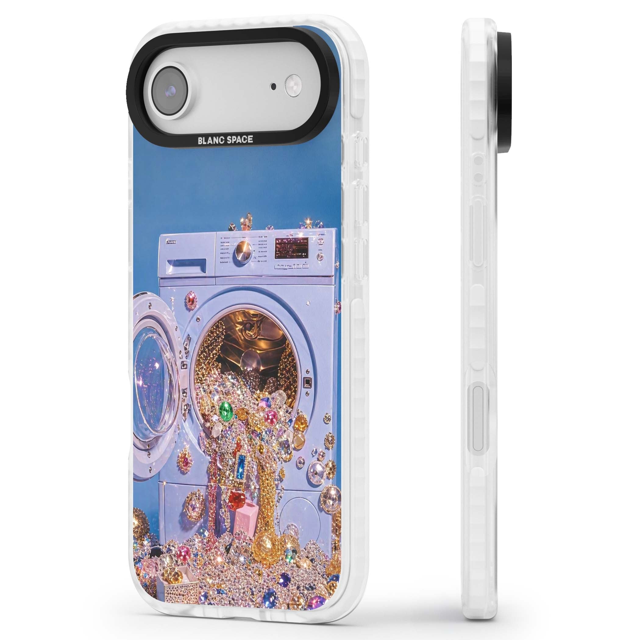 Gem Laundry baddie iPhone case featuring a surreal washing machine overflowing with colourful gemstones and crystals | Impact Magsafe case for iPhone Air