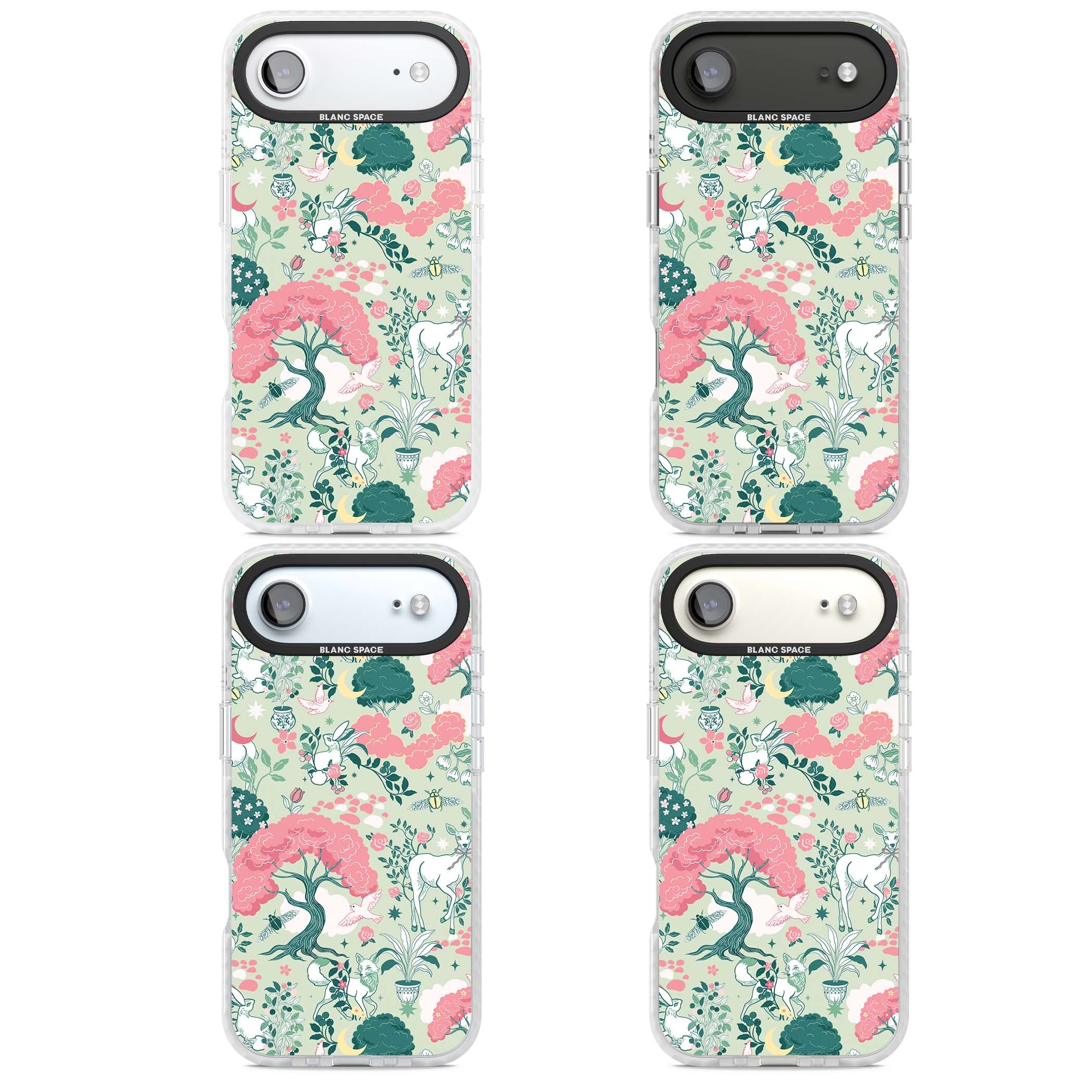 Enchanted Woodland cottagecore iPhone case featuring white deer, pink roses, mushrooms and woodland animals on sage green | Impact Magsafe case for iPhone Air
