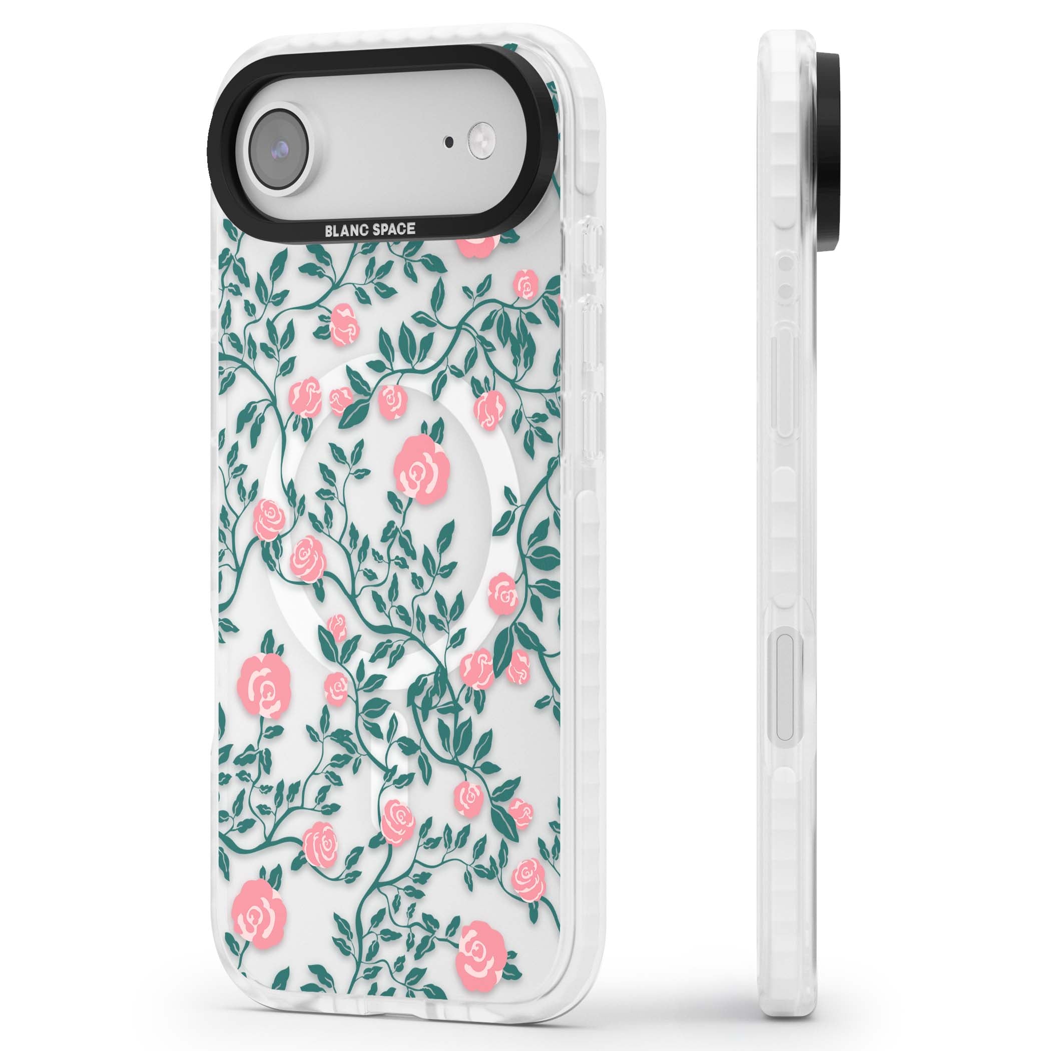 Rose Trellis (Clear) cottagecore iPhone case featuring pink climbing roses and green leaves on clear background | Impact Magsafe case for iPhone Air