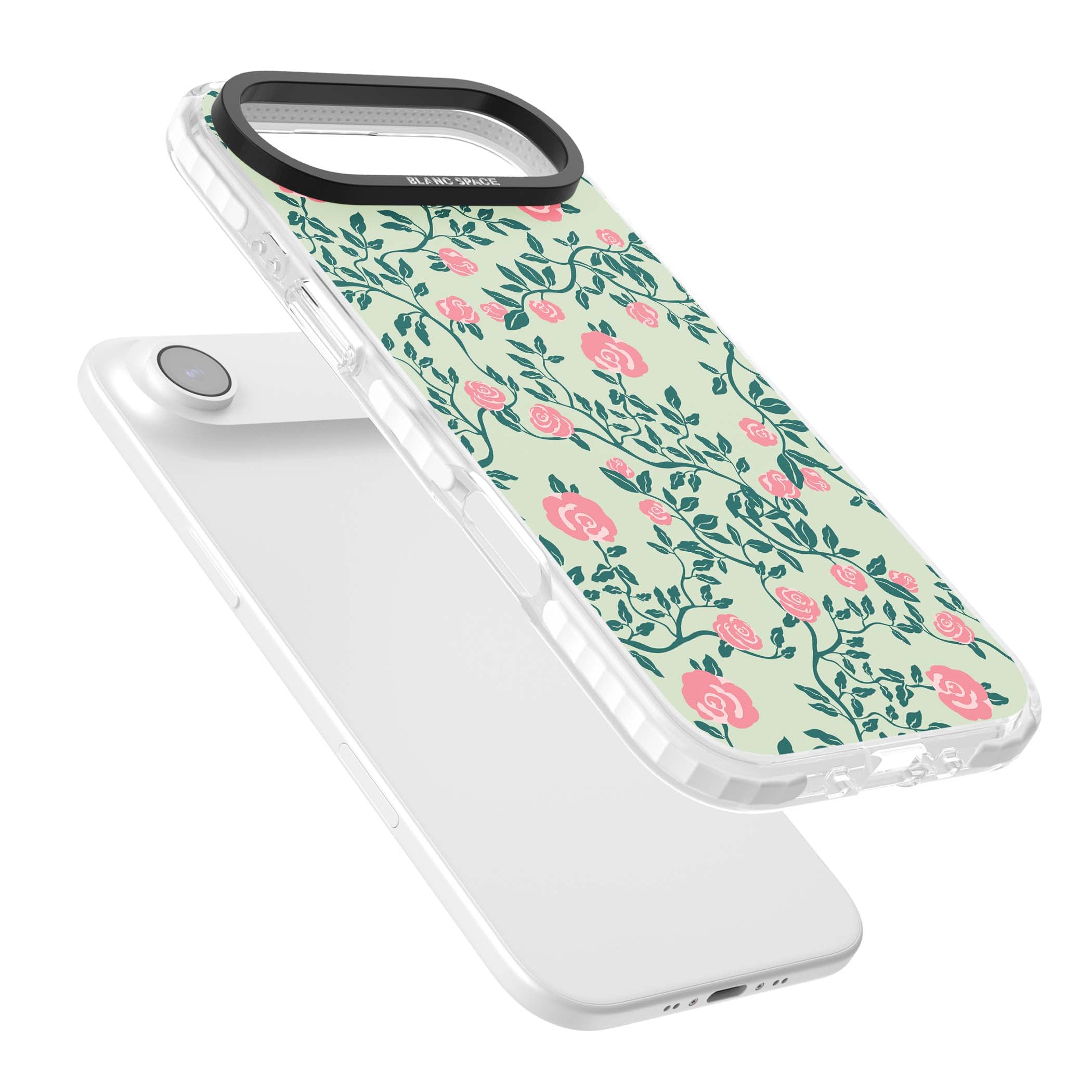 Rose Trellis cottagecore iPhone case featuring pink roses, sage green vines, and mint background | Impact Magsafe case for iPhone Air