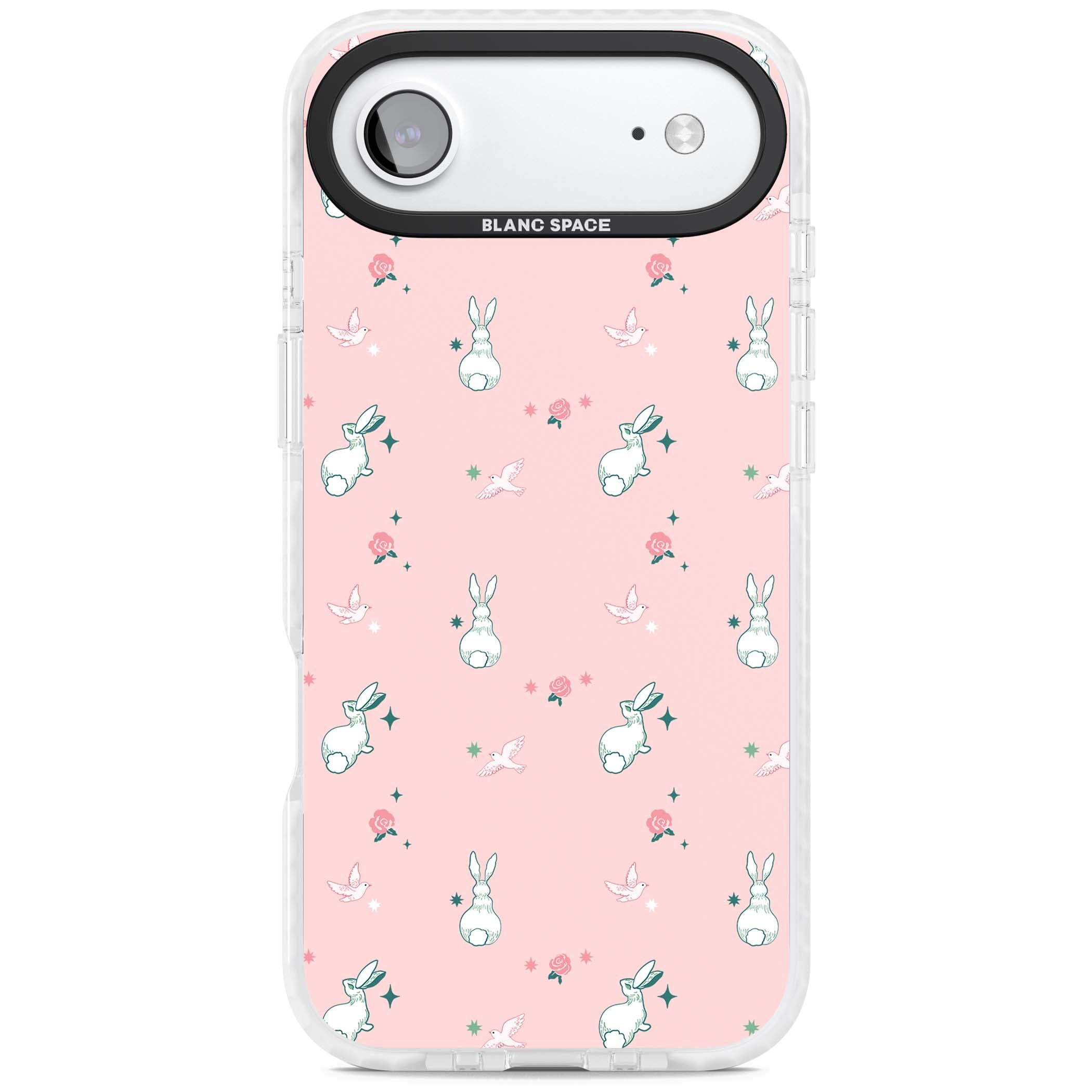 Bunny Garden kawaii iPhone case featuring white rabbits, pink roses, doves and stars on pink background | Impact Magsafe case for iPhone Air
