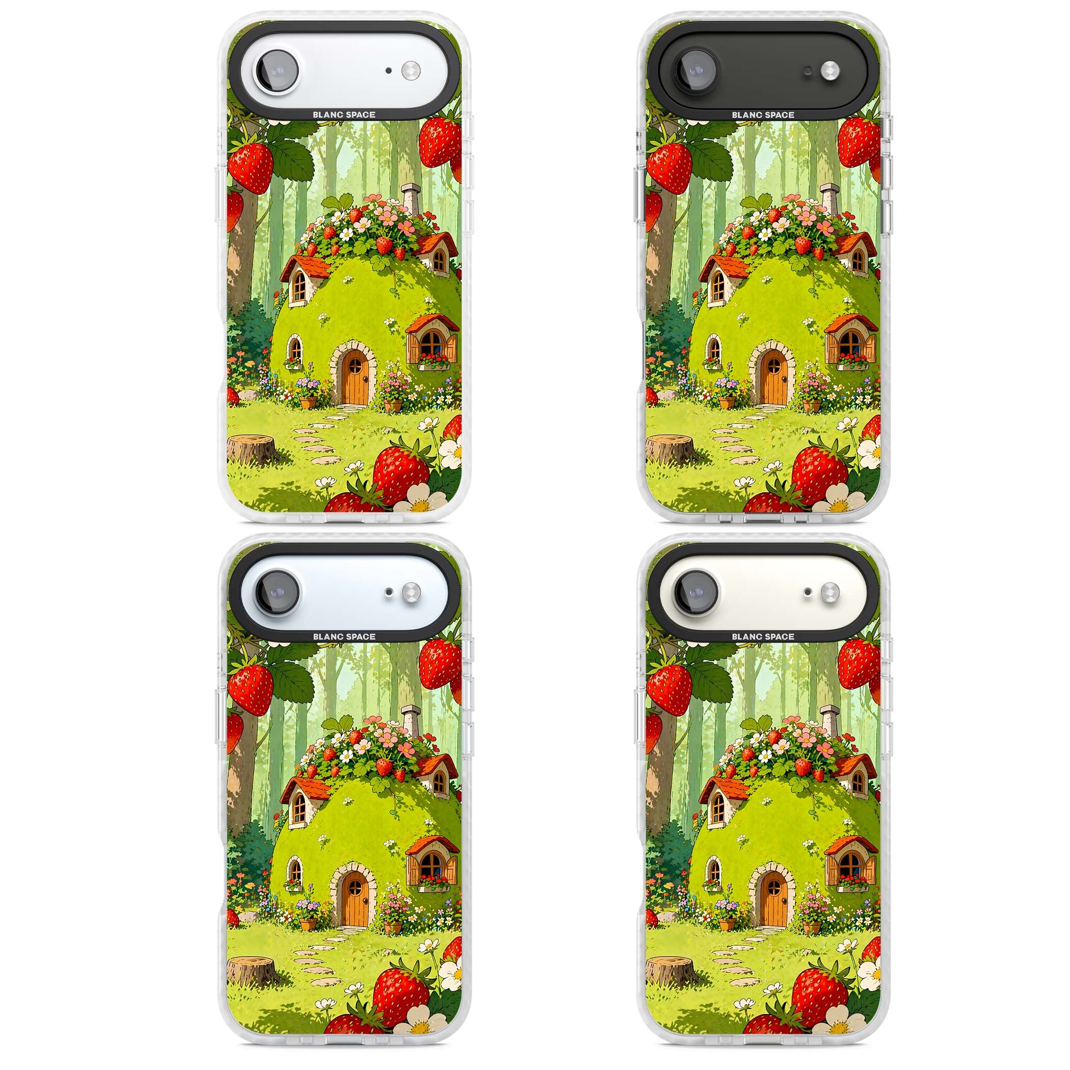 Strawberry Cottage cottagecore iPhone case featuring a green fairy house, wild strawberries and enchanted forest flowers | Impact Magsafe case for iPhone Air