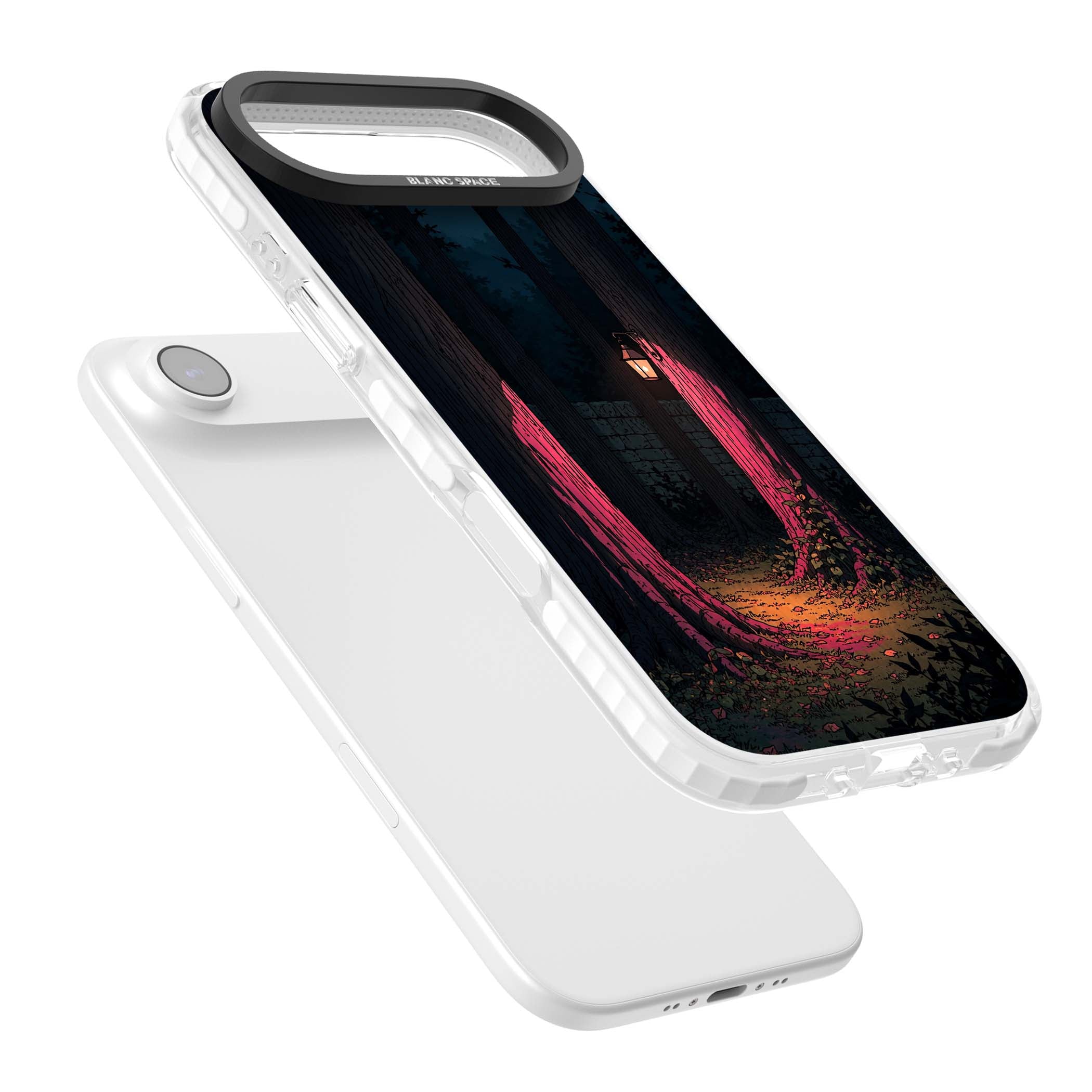 Forest Lantern dark academia iPhone case featuring a moonlit forest, glowing lantern, and stone wall pathway | Impact Magsafe case for iPhone Air