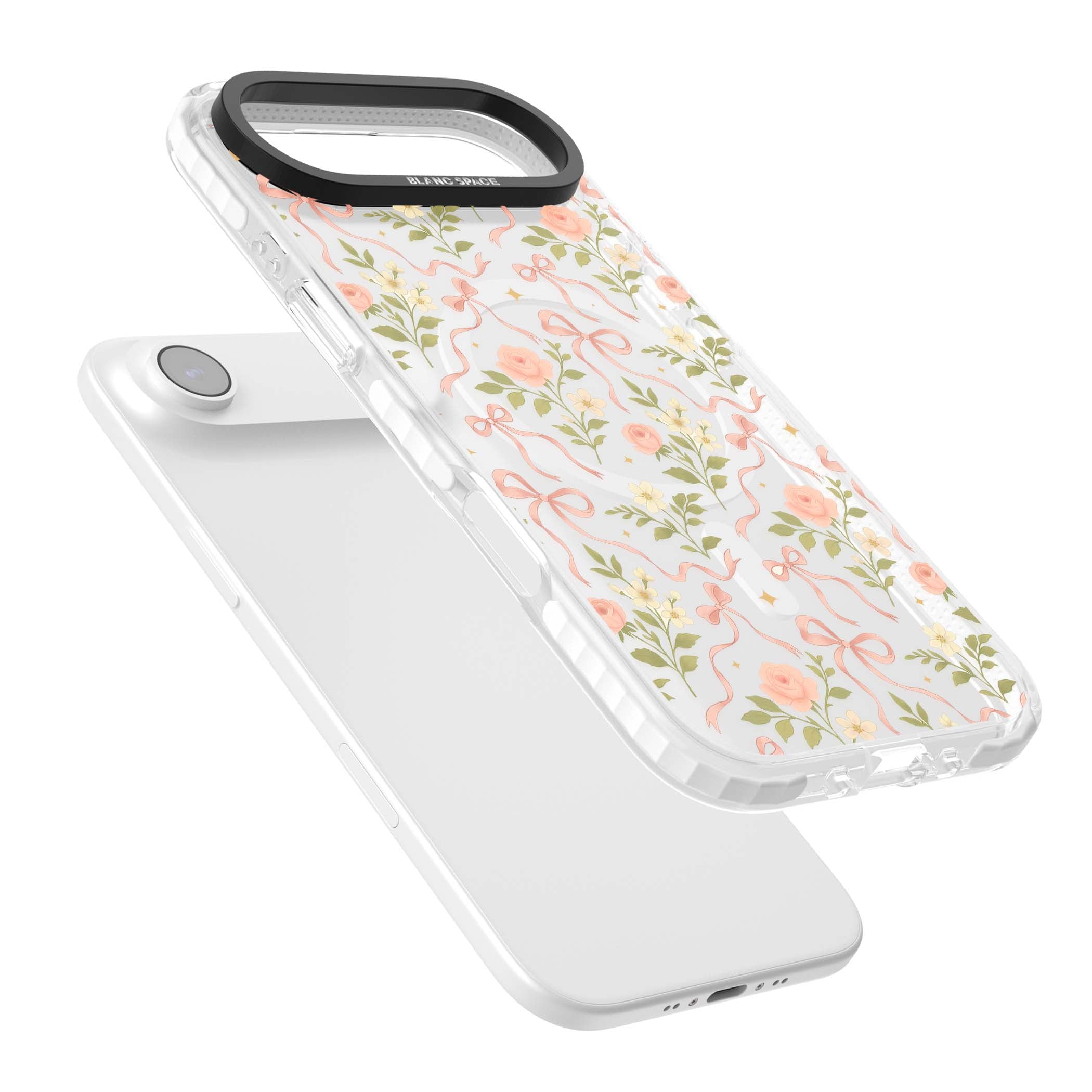 Ribbon Garden coquette iPhone case featuring pink bows, peach roses and wildflowers on white background | Impact Magsafe case for iPhone Air