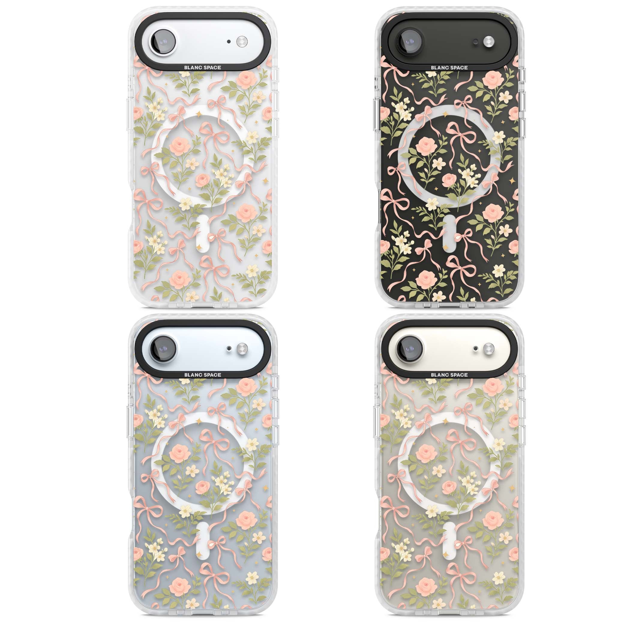 Ribbon Garden coquette iPhone case featuring pink bows, peach roses and wildflowers on white background | Impact Magsafe case for iPhone Air