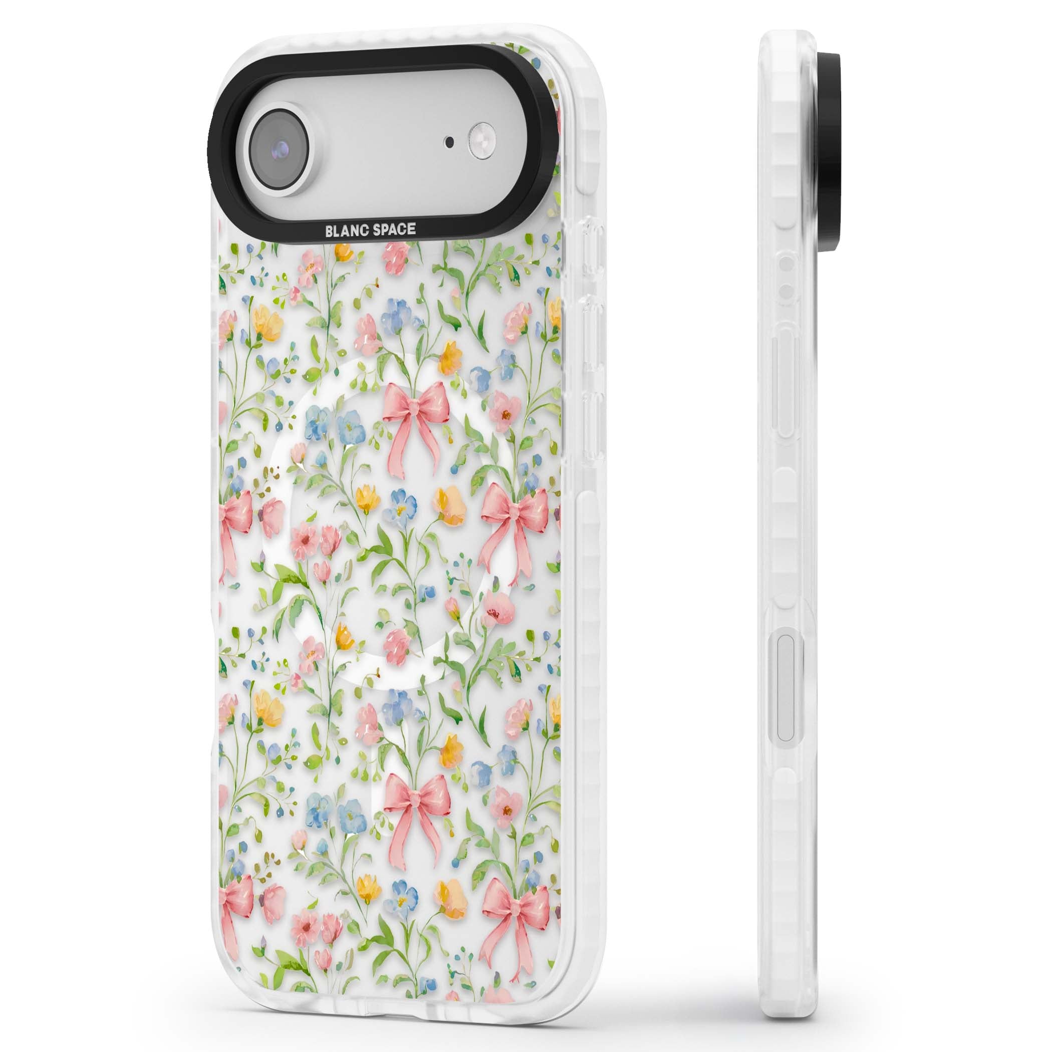 Ribbons & Wildflowers cottagecore iPhone case featuring watercolor wildflowers, pink satin bows, and delicate spring blooms o | Impact Magsafe case for iPhone Air
