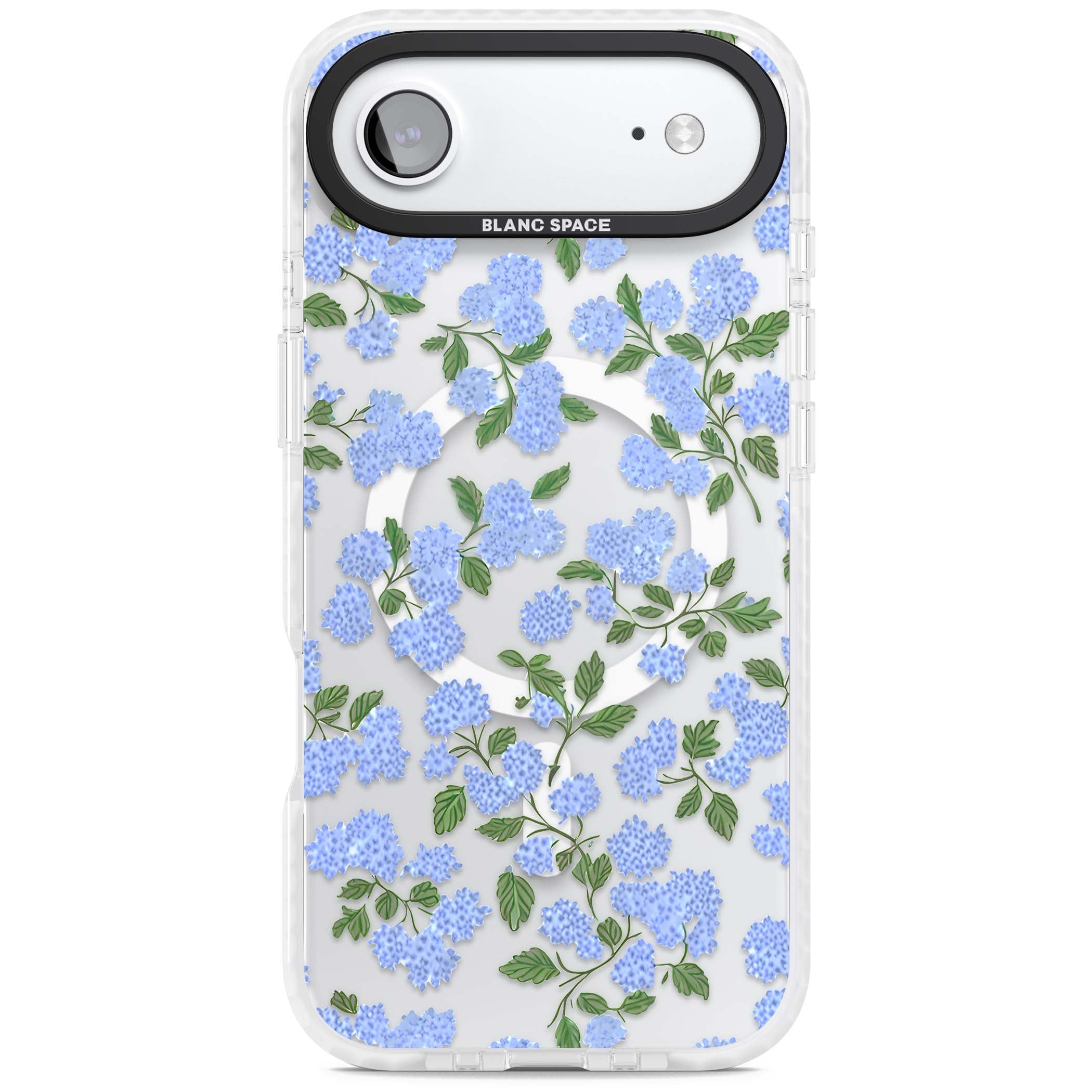 Hydrangea Dreams cottagecore iPhone case featuring soft blue hydrangea flower clusters and green leaves | Impact Magsafe case for iPhone Air
