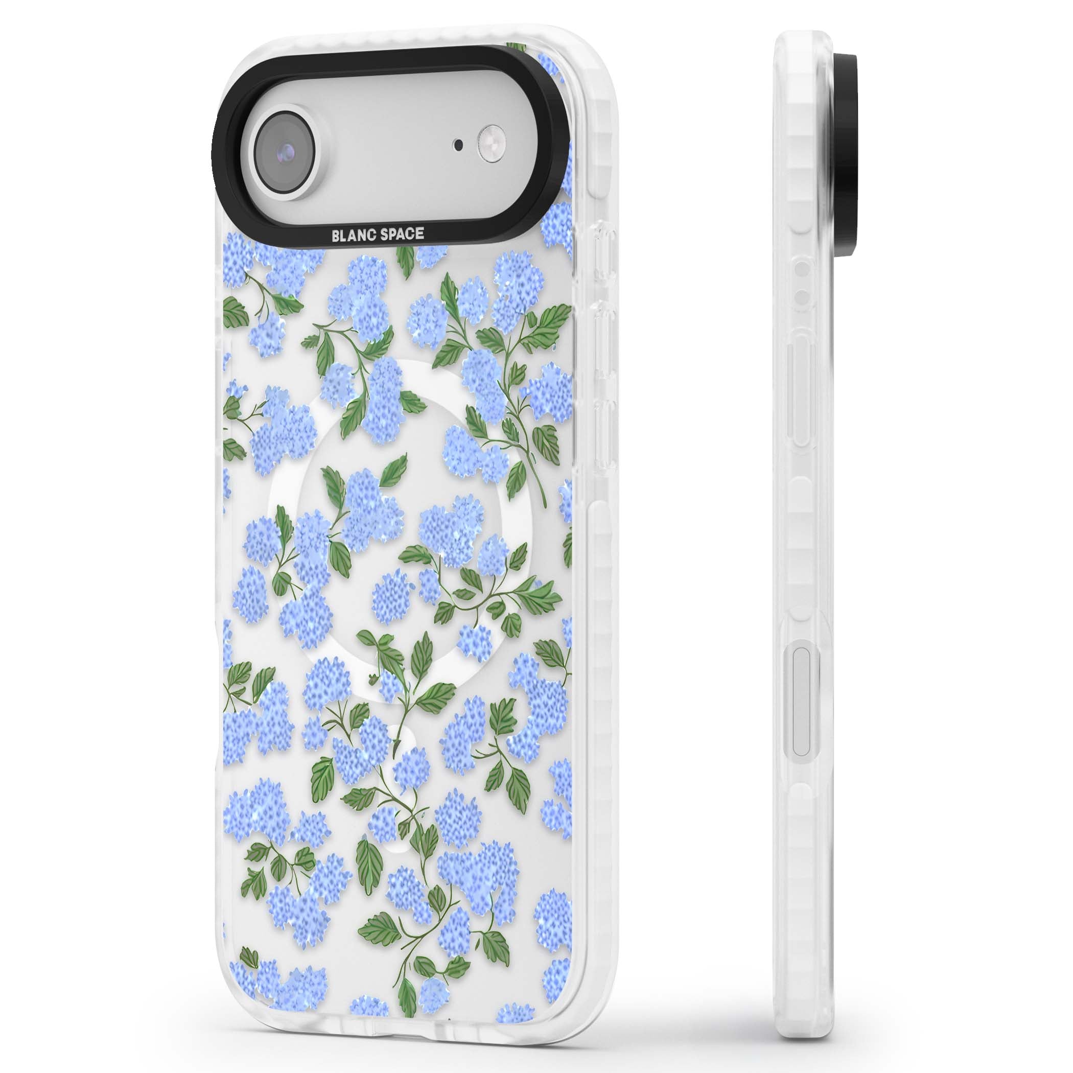 Hydrangea Dreams cottagecore iPhone case featuring soft blue hydrangea flower clusters and green leaves | Impact Magsafe case for iPhone Air