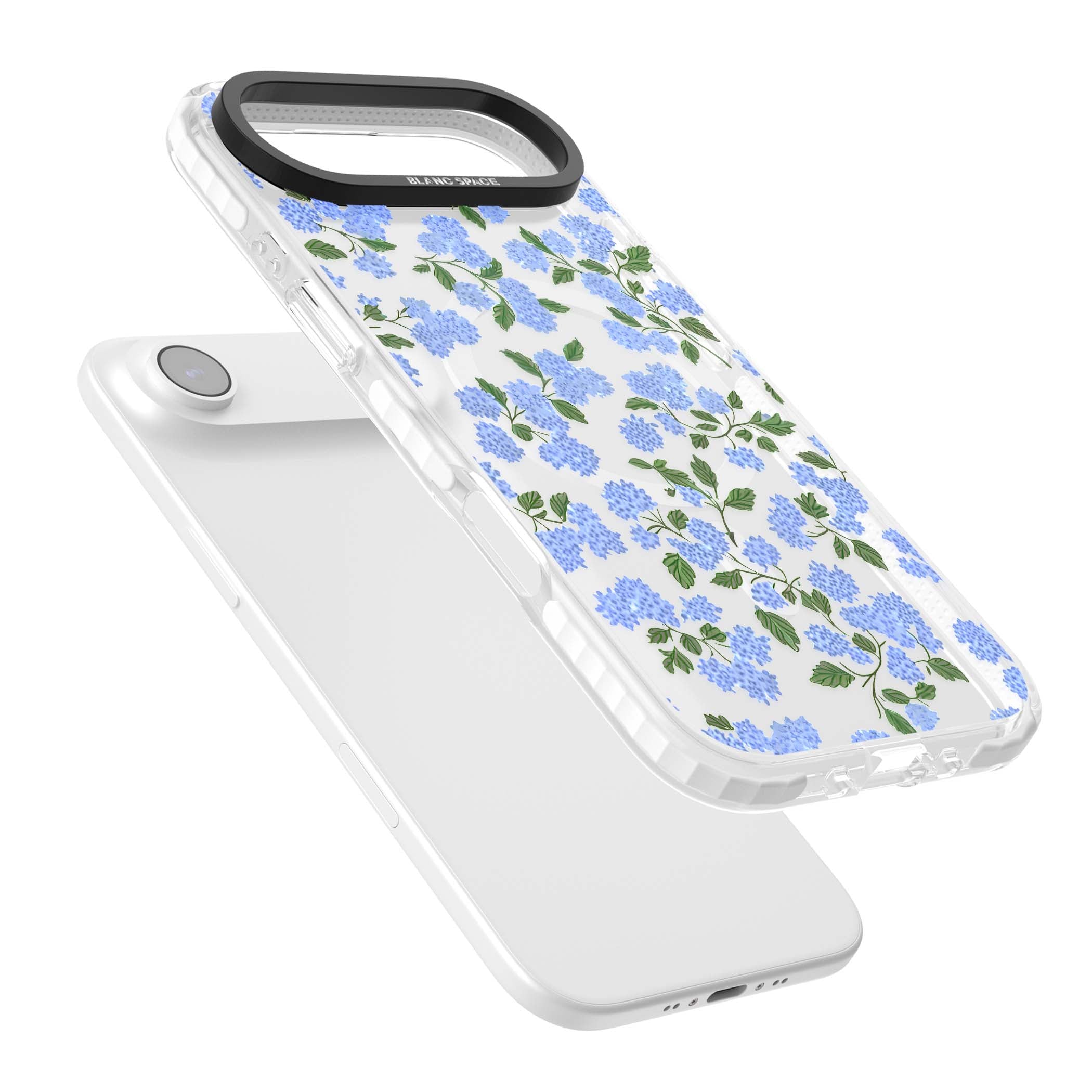 Hydrangea Dreams cottagecore iPhone case featuring soft blue hydrangea flower clusters and green leaves | Impact Magsafe case for iPhone Air