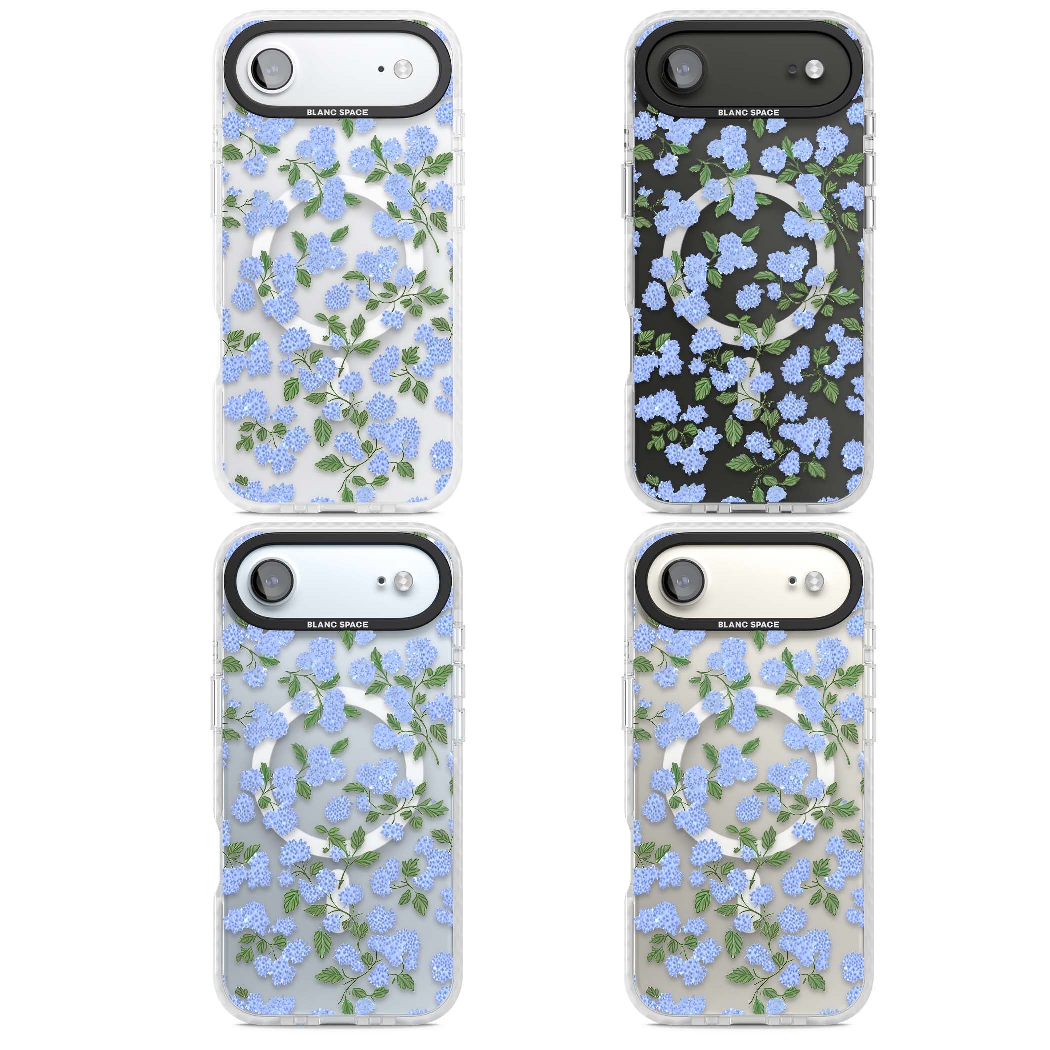 Hydrangea Dreams cottagecore iPhone case featuring soft blue hydrangea flower clusters and green leaves | Impact Magsafe case for iPhone Air