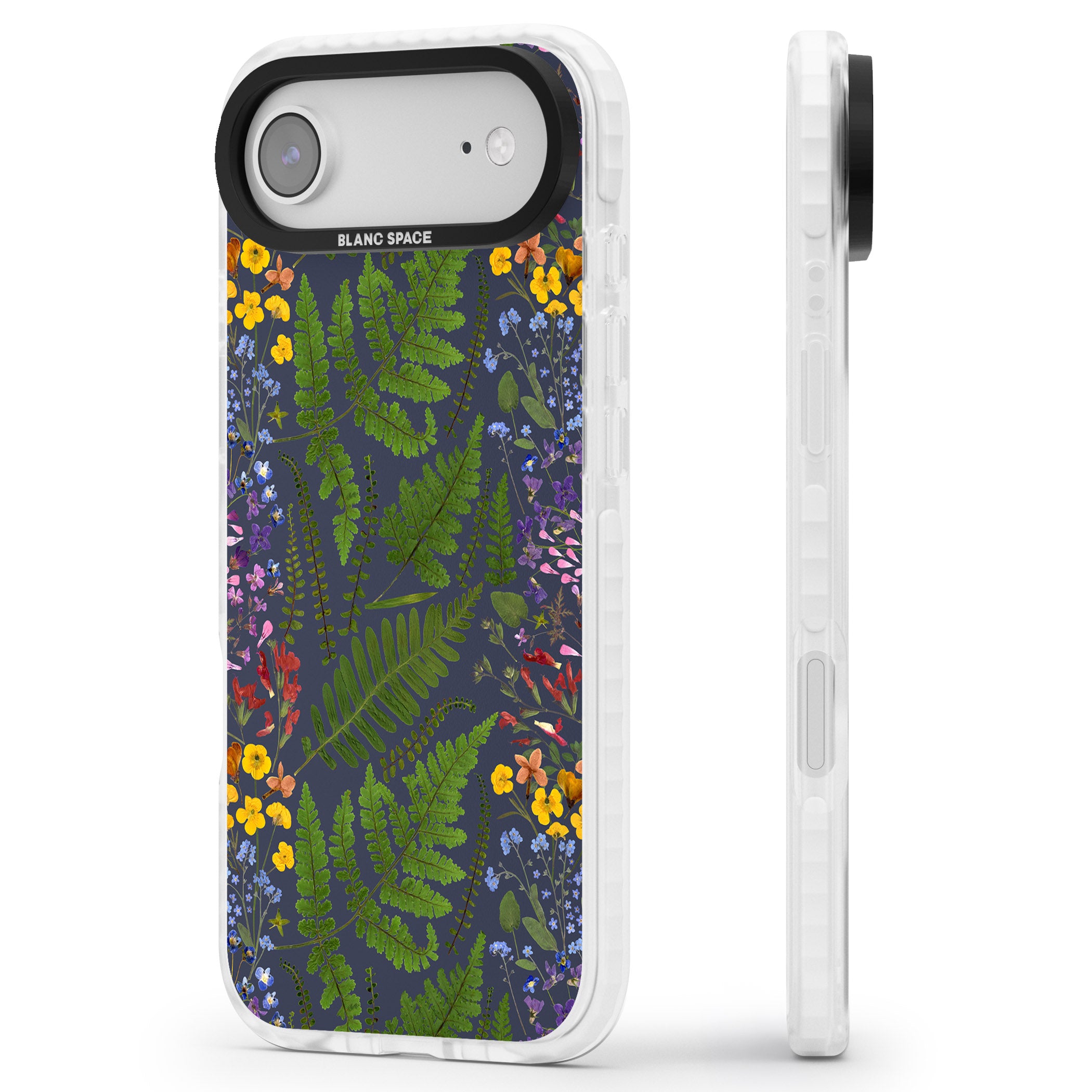 Busy Floral And Fern Design Navy iPhone 17 Air Impact Pro Clear Phone Case Side Profile