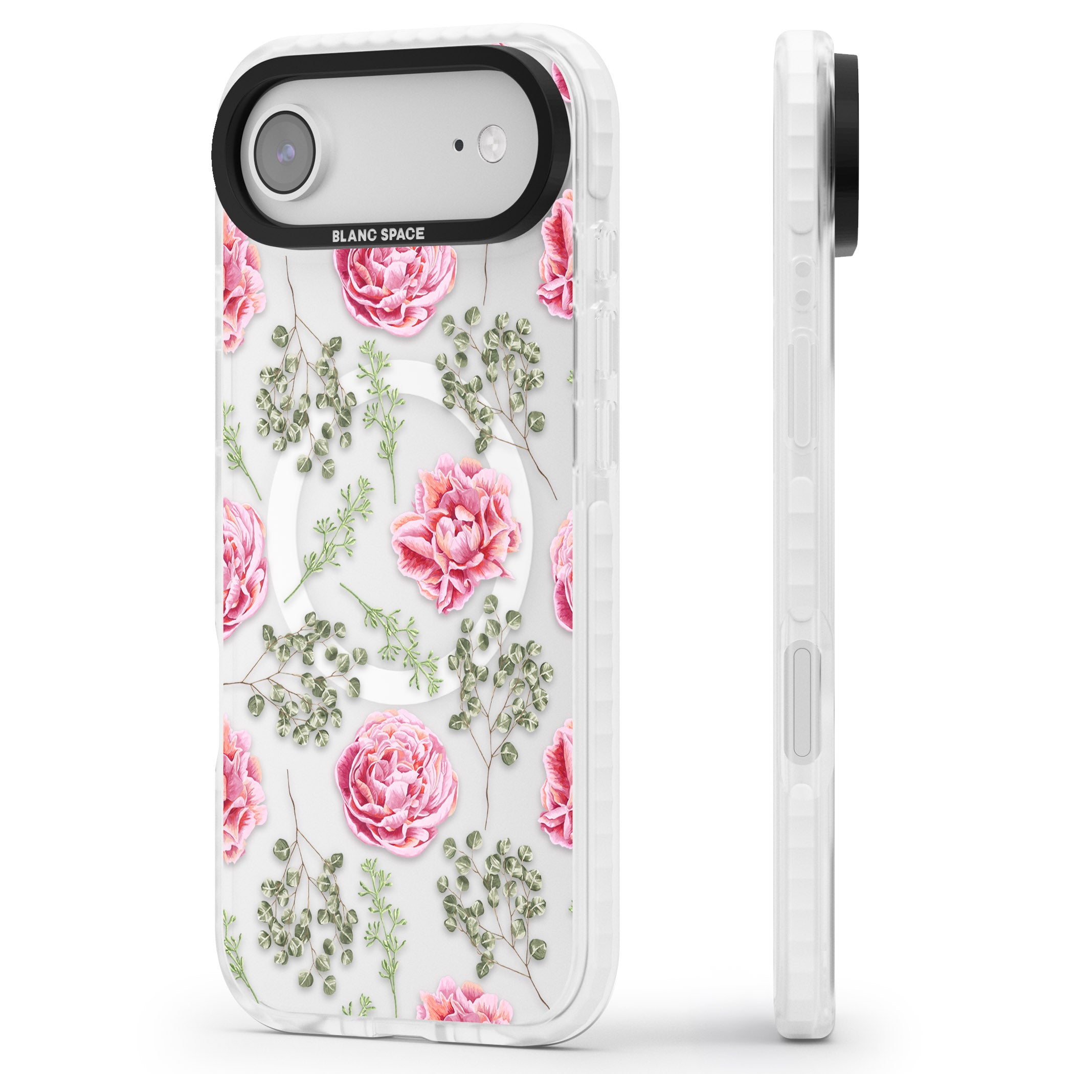 Roses & Eucalyptus Floral iPhone 17 Air Impact Pro Clear Phone Case Side Profile