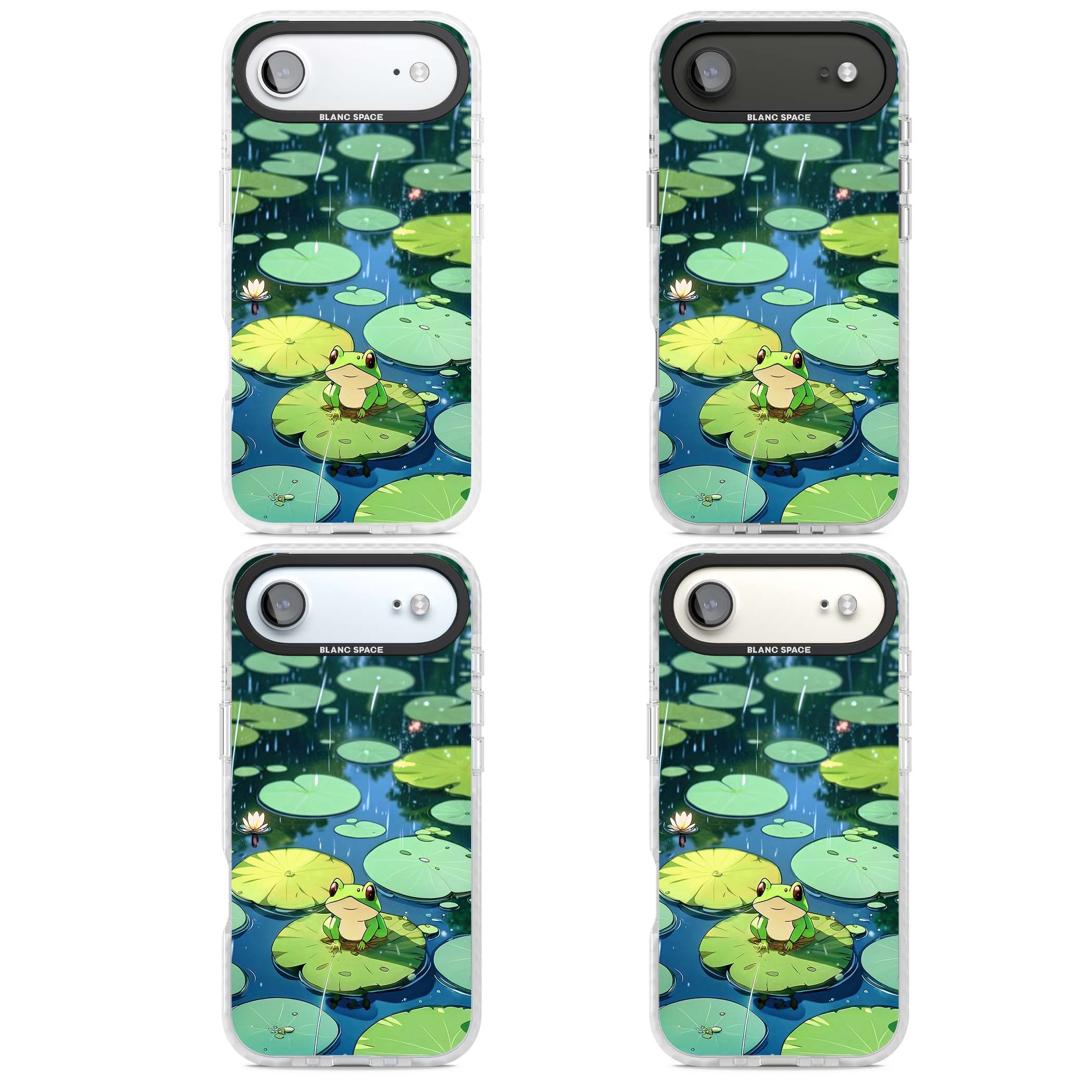 Frog In Lily Pond cottagecore iPhone case featuring a cute green frog on a lily pad with falling rain and a lotus flower | Impact Magsafe case for iPhone Air