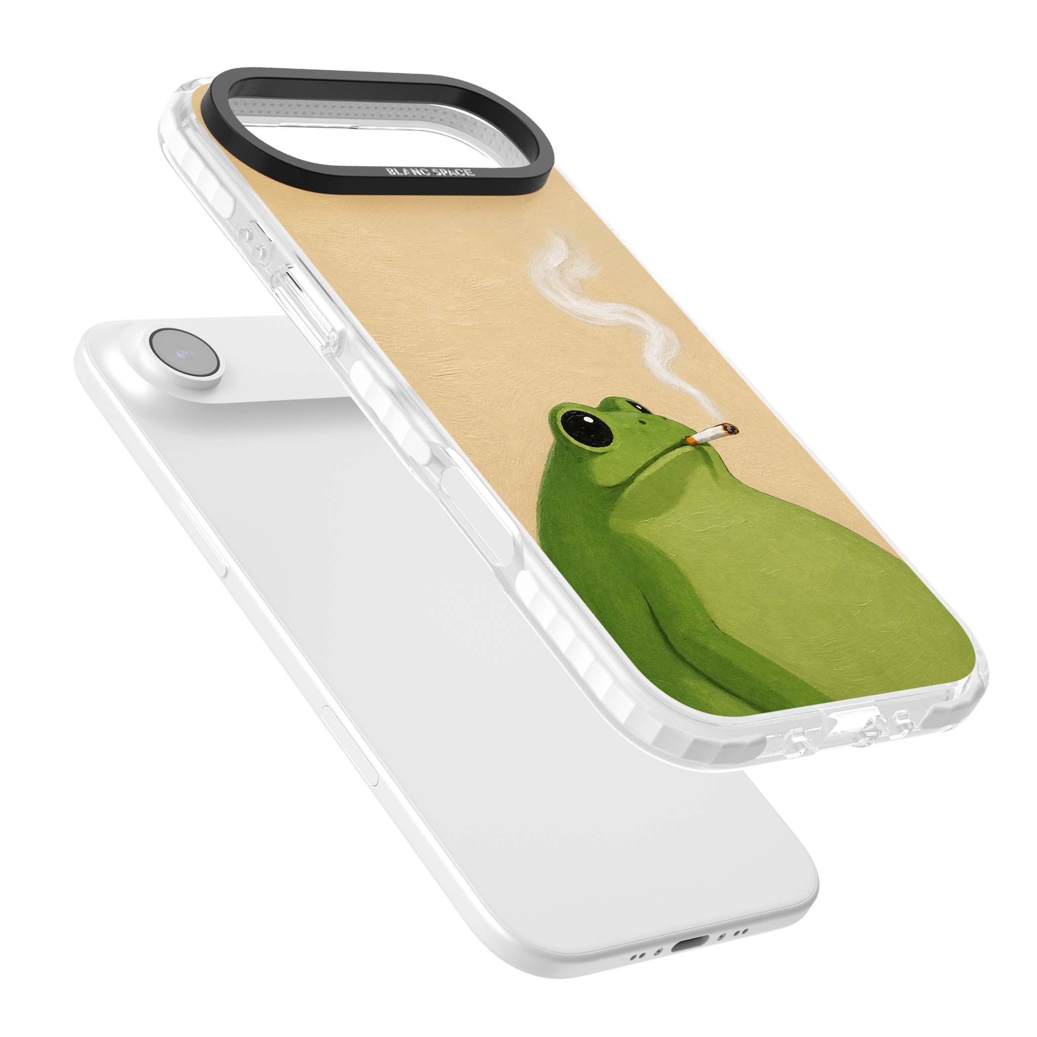 The Smoking Frog cottagecore iPhone case featuring a hand-painted green frog smoking a cigarette on a cream oil painting back | Impact Magsafe case for iPhone Air