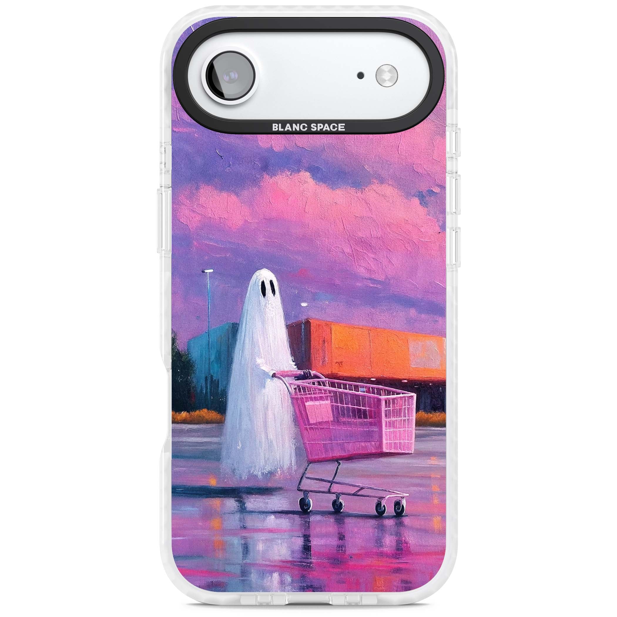 A Ghost's Errand ghost halloween iPhone case featuring a painted ghost, pink shopping trolley and purple sunset sky | Impact Magsafe case for iPhone Air