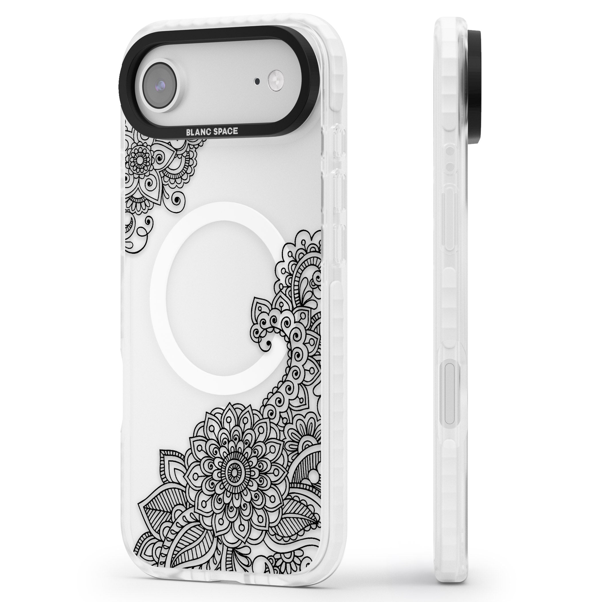 Black Henna Botanicals iPhone 17 Air Impact Pro Clear Phone Case Side Profile