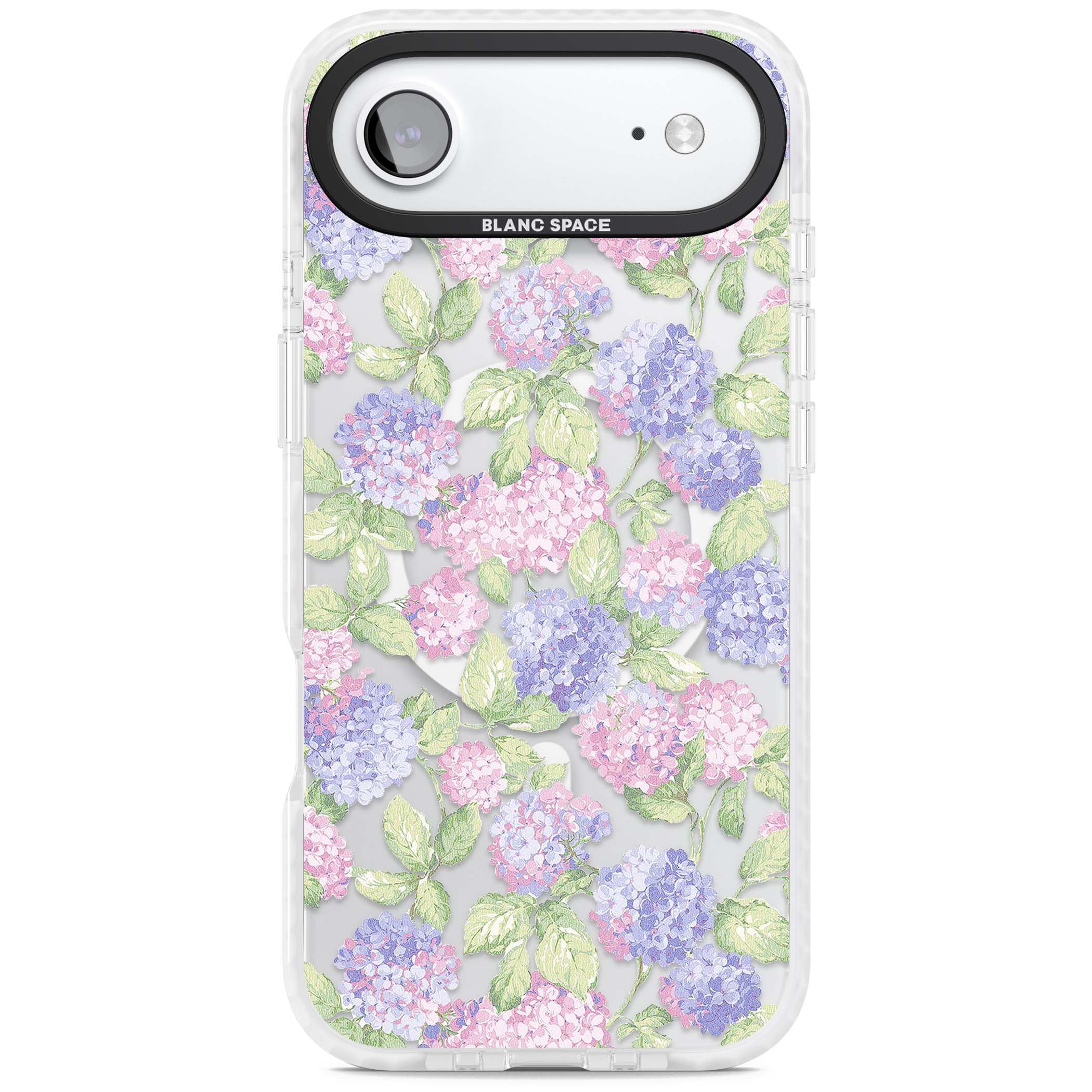 Cottage Hydrangea cottagecore iPhone case featuring pink and purple hydrangea blooms with green leaves on a clear background | Impact Magsafe case for iPhone Air