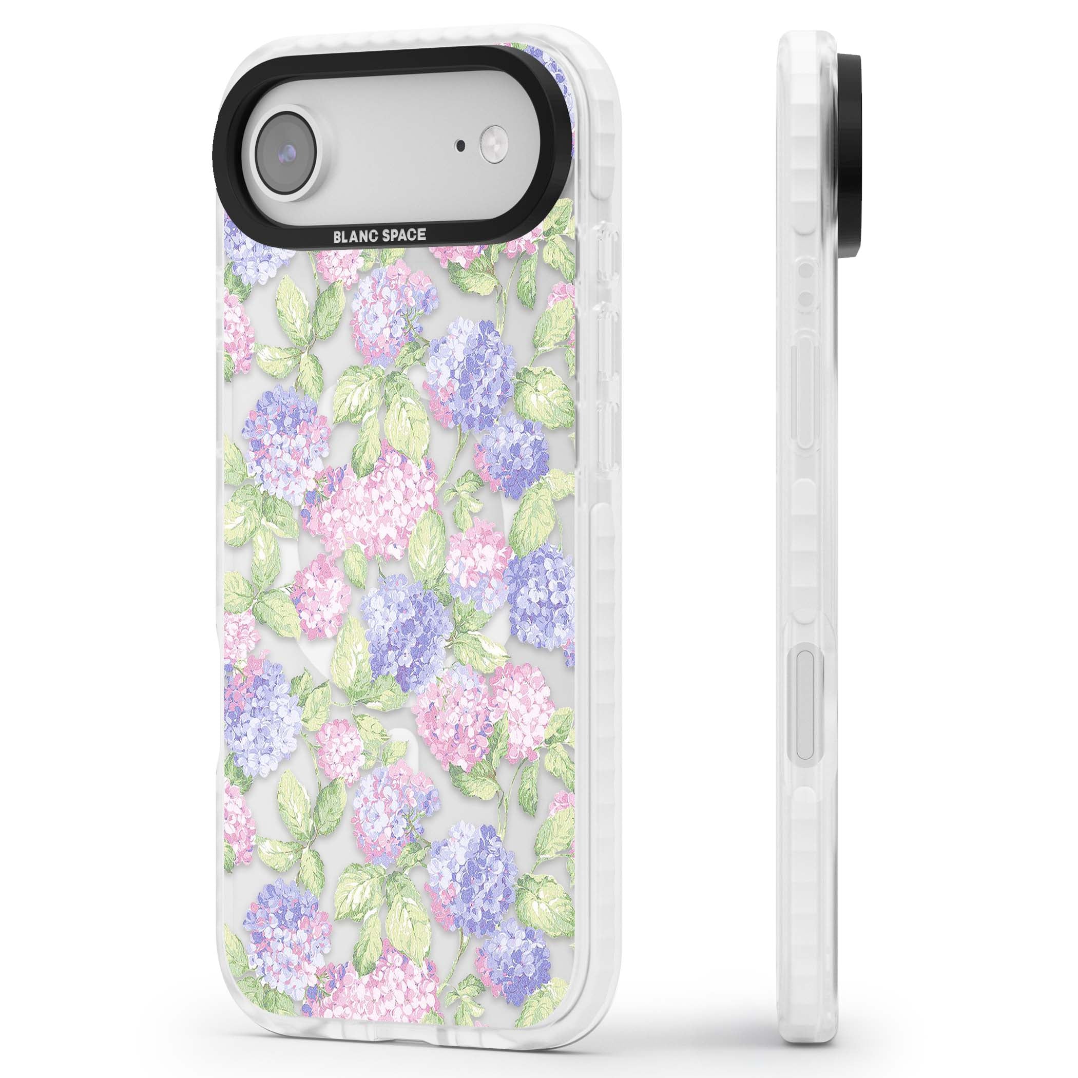 Cottage Hydrangea cottagecore iPhone case featuring pink and purple hydrangea blooms with green leaves on a clear background | Impact Magsafe case for iPhone Air