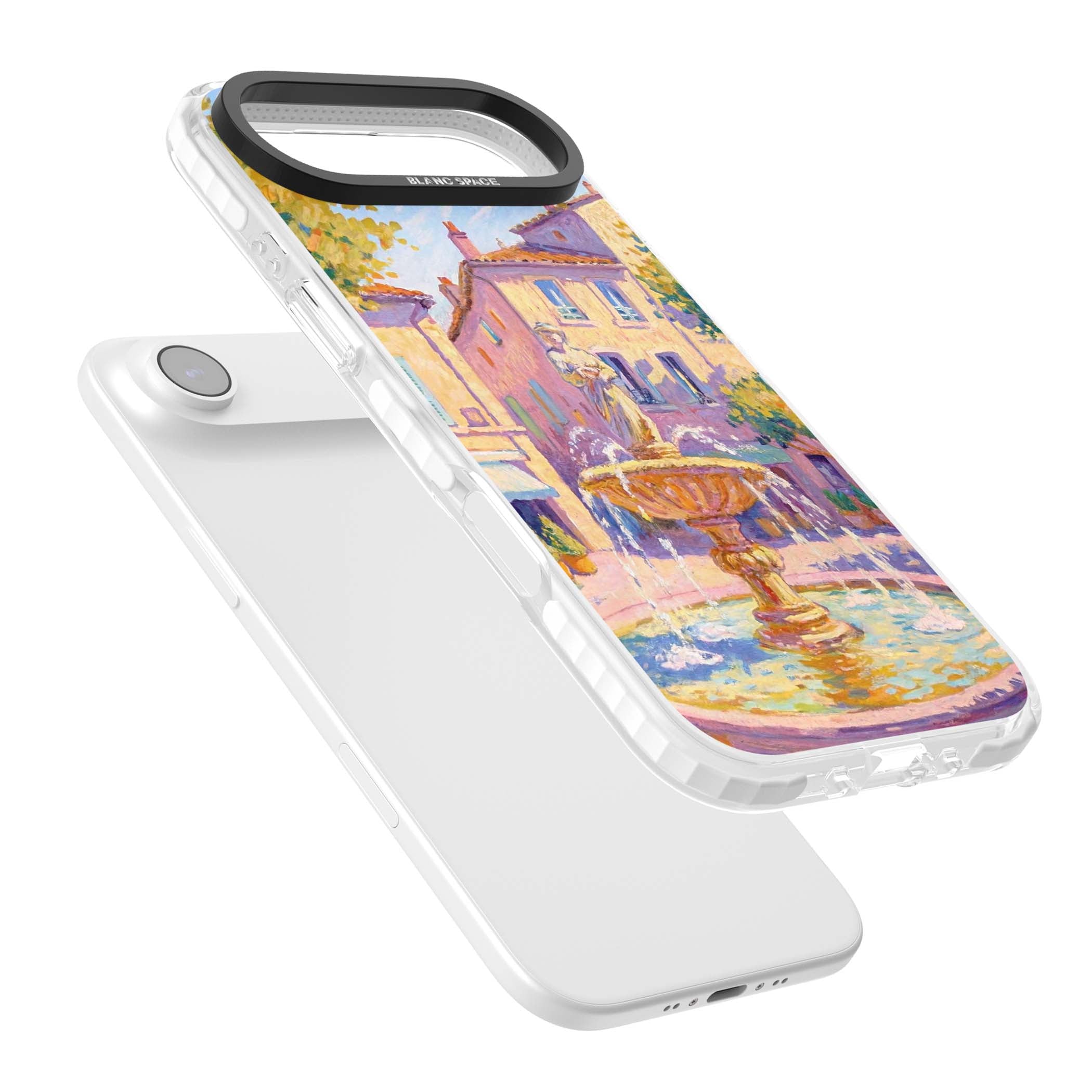 Fountain Square fine art iPhone case featuring an impressionist Provençal fountain, pastel village buildings and summe | Impact Magsafe case for iPhone Air