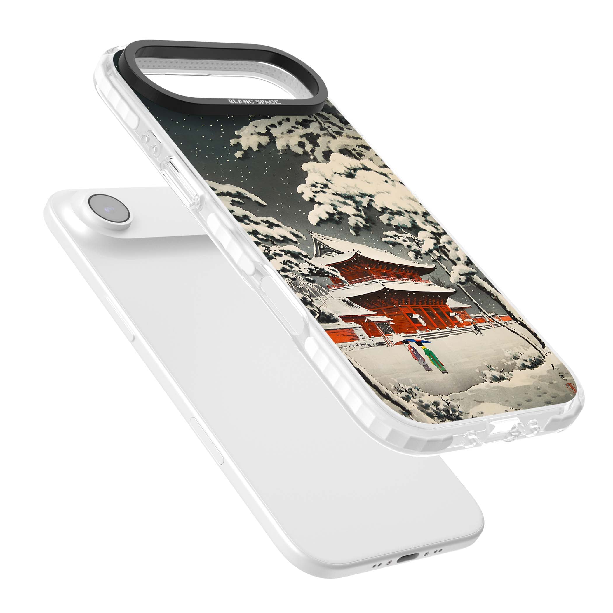 Snow at Shiha Park, Tokyo Japanese art iPhone case featuring a vintage ukiyo-e snowy temple, red pagoda, and snow-covered pin | Impact Magsafe case for iPhone Air
