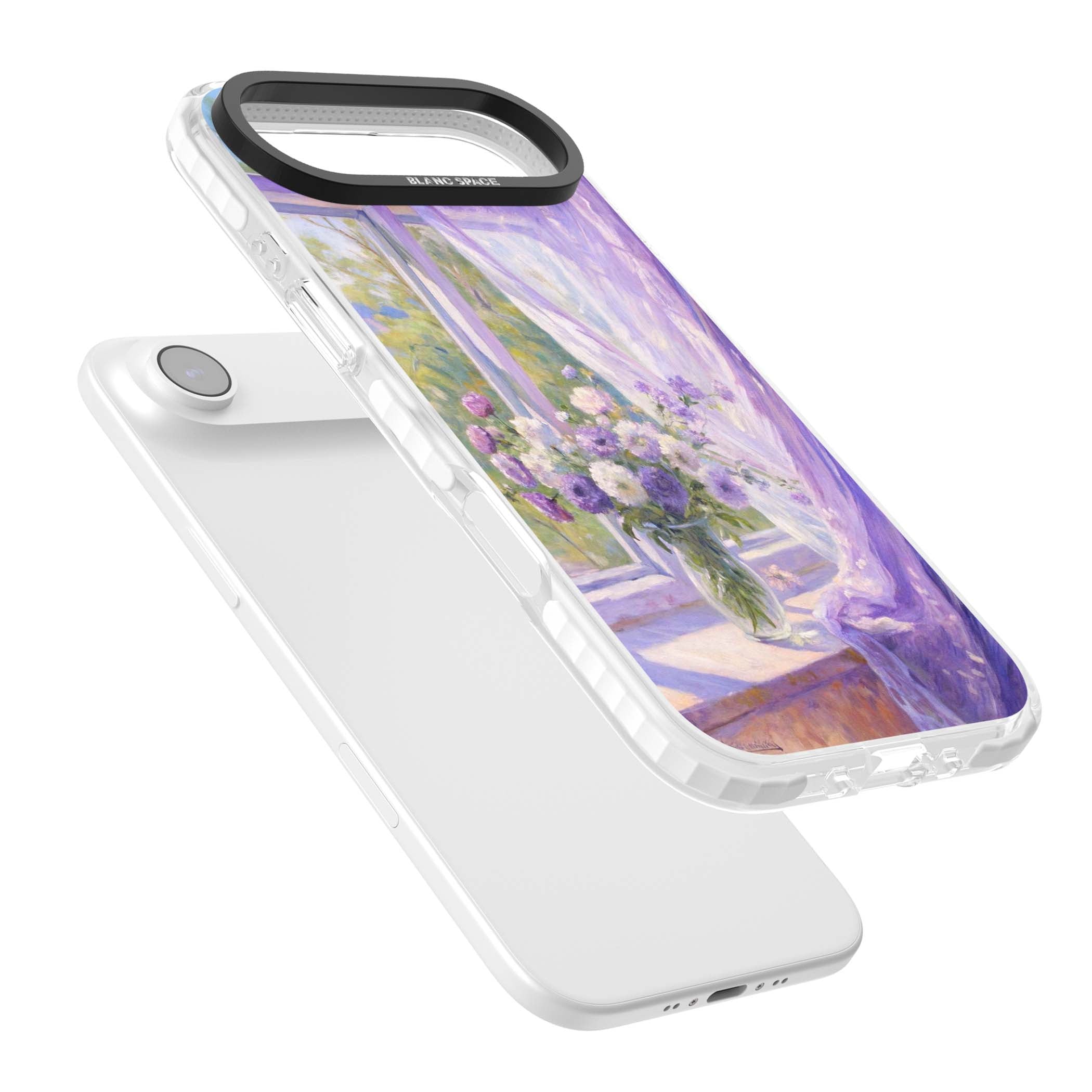 A Provence Morning impressionist art iPhone case featuring a vase of purple flowers, sunlit window and sheer curt | Impact Magsafe case for iPhone Air
