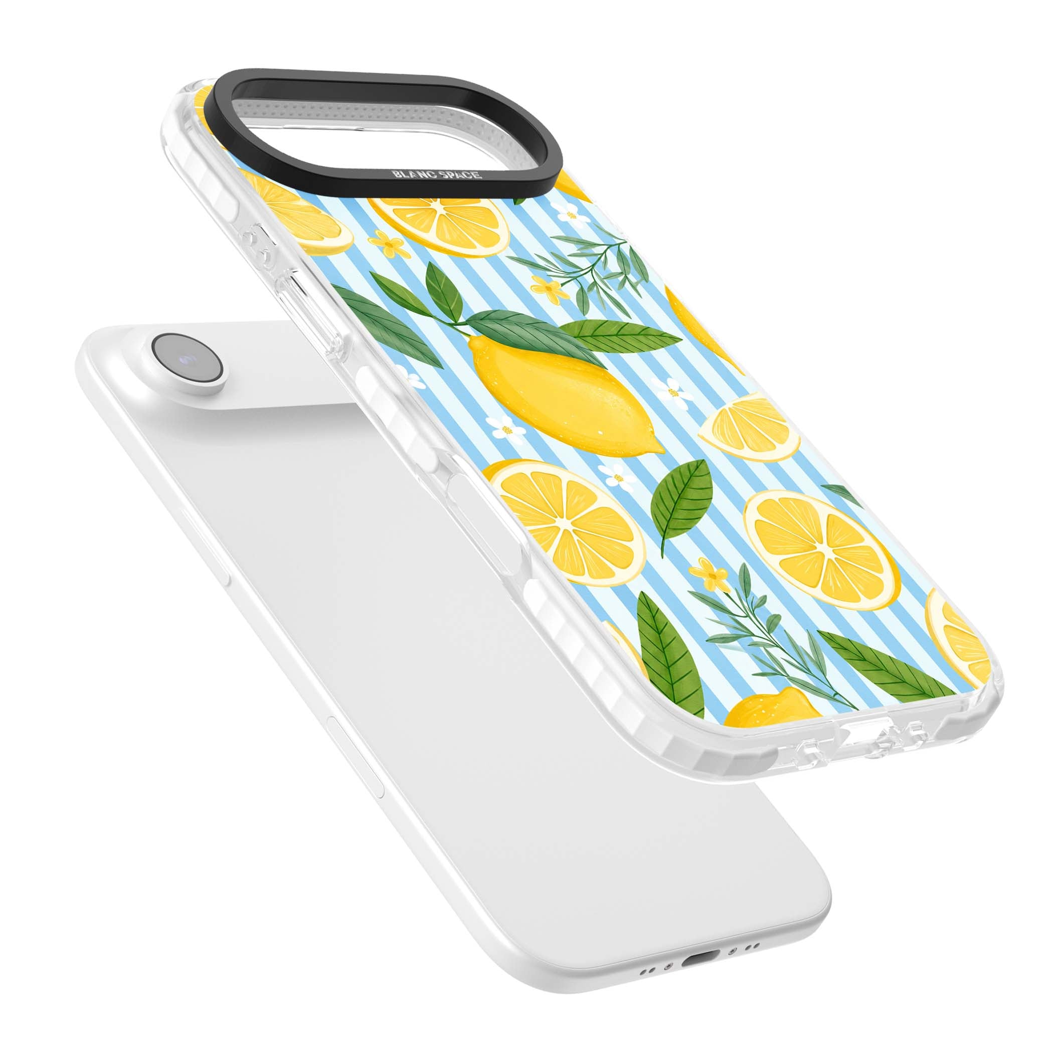 Capri Citrus Stripe coastal iPhone case featuring yellow lemons, blue stripes, and white daisy blossoms | Impact Magsafe case for iPhone Air