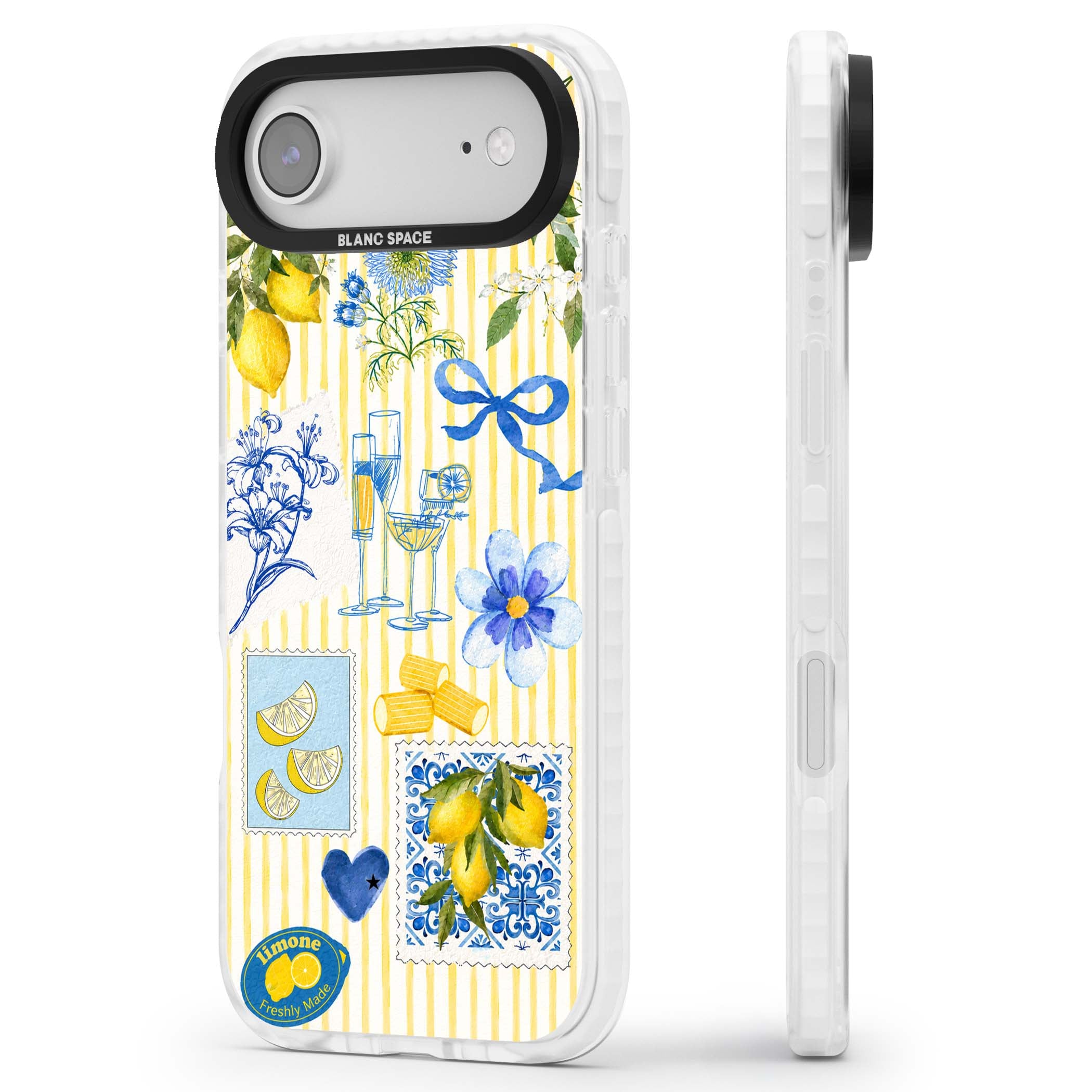 Limone Riviera Italian summer iPhone case featuring watercolour lemons, blue ribbon bows and majolica tile stamps on... | Impact Magsafe case for iPhone Air