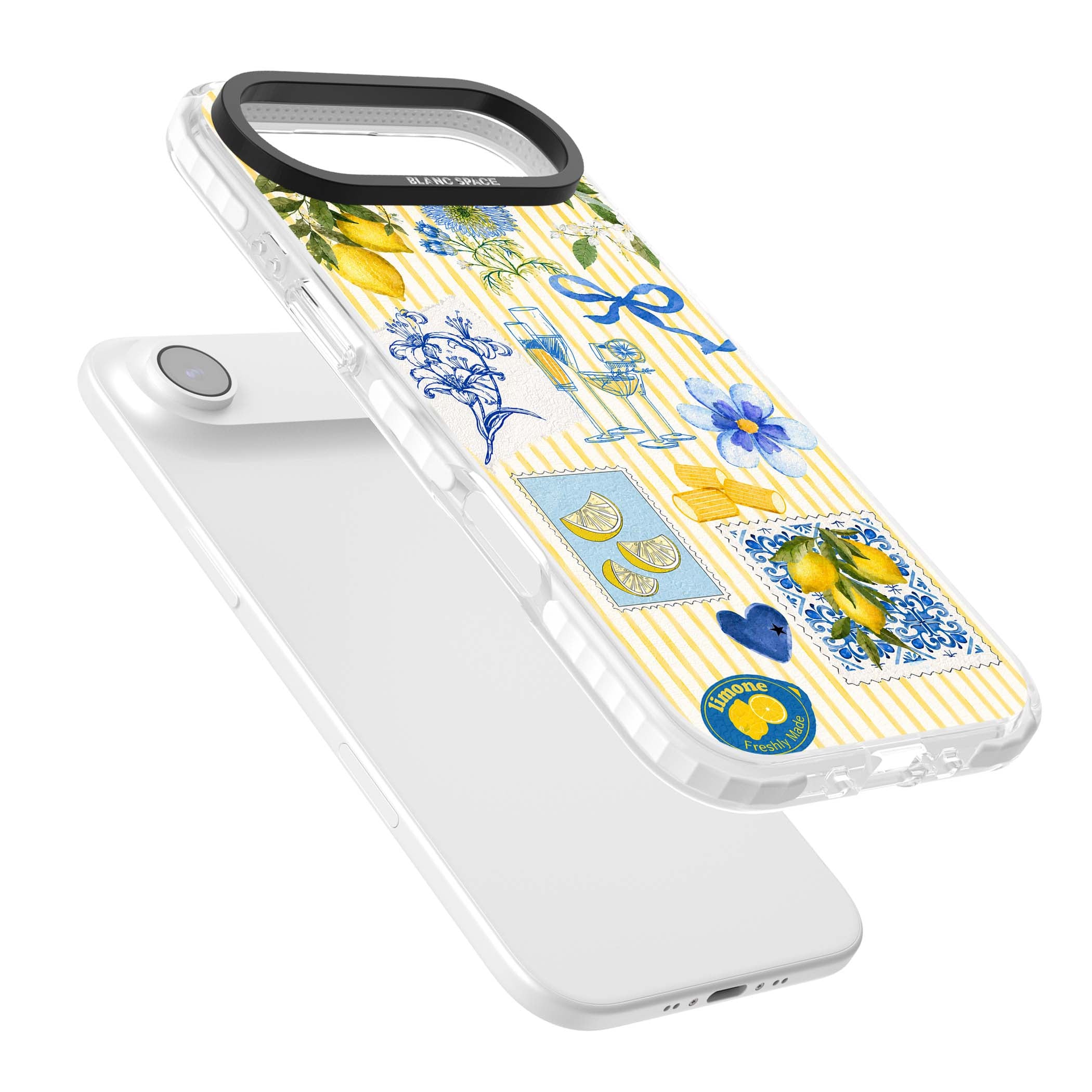 Limone Riviera Italian summer iPhone case featuring watercolour lemons, blue ribbon bows and majolica tile stamps on... | Impact Magsafe case for iPhone Air