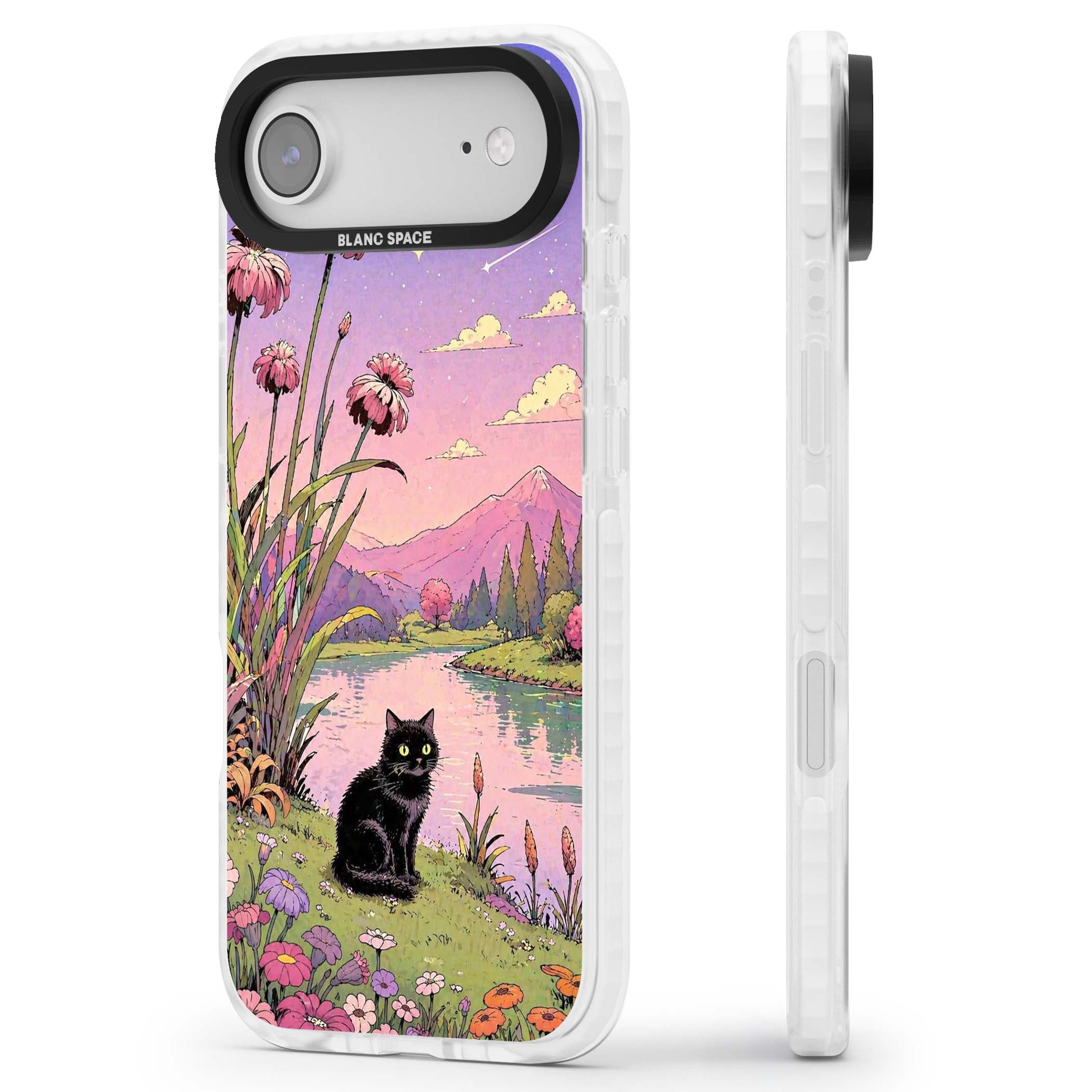 Mystic Whiskers ghibli iPhone case featuring a black cat by a pastel lake, wildflowers and a starry sunset sky | Impact Magsafe case for iPhone Air