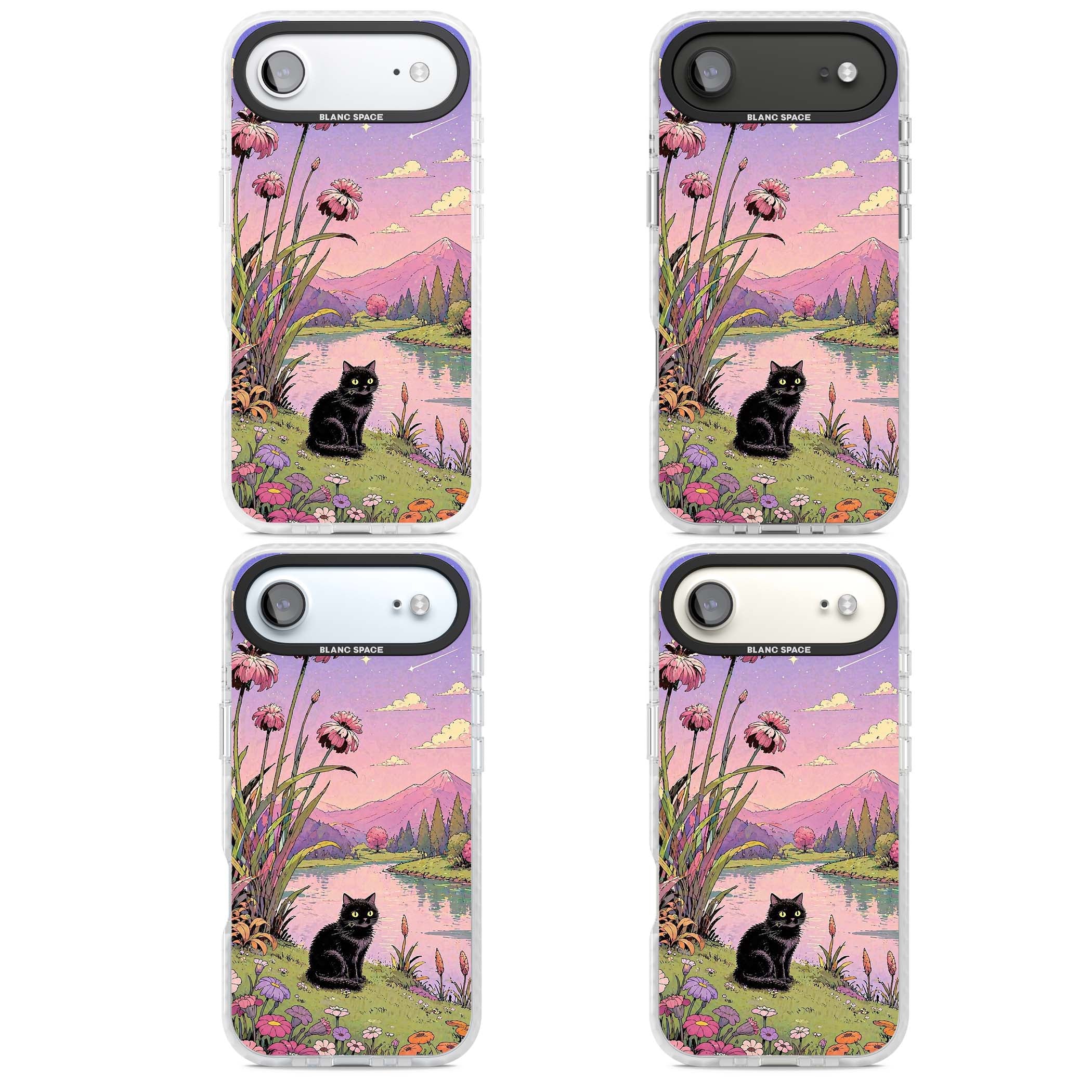 Mystic Whiskers ghibli iPhone case featuring a black cat by a pastel lake, wildflowers and a starry sunset sky | Impact Magsafe case for iPhone Air