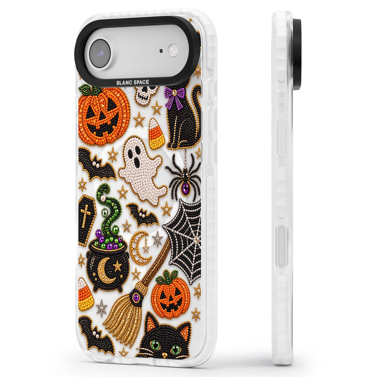 Beaded Halloween Halloween iPhone case featuring beaded pumpkins, ghosts, black cats and bats | Impact Magsafe case for iPhone Air