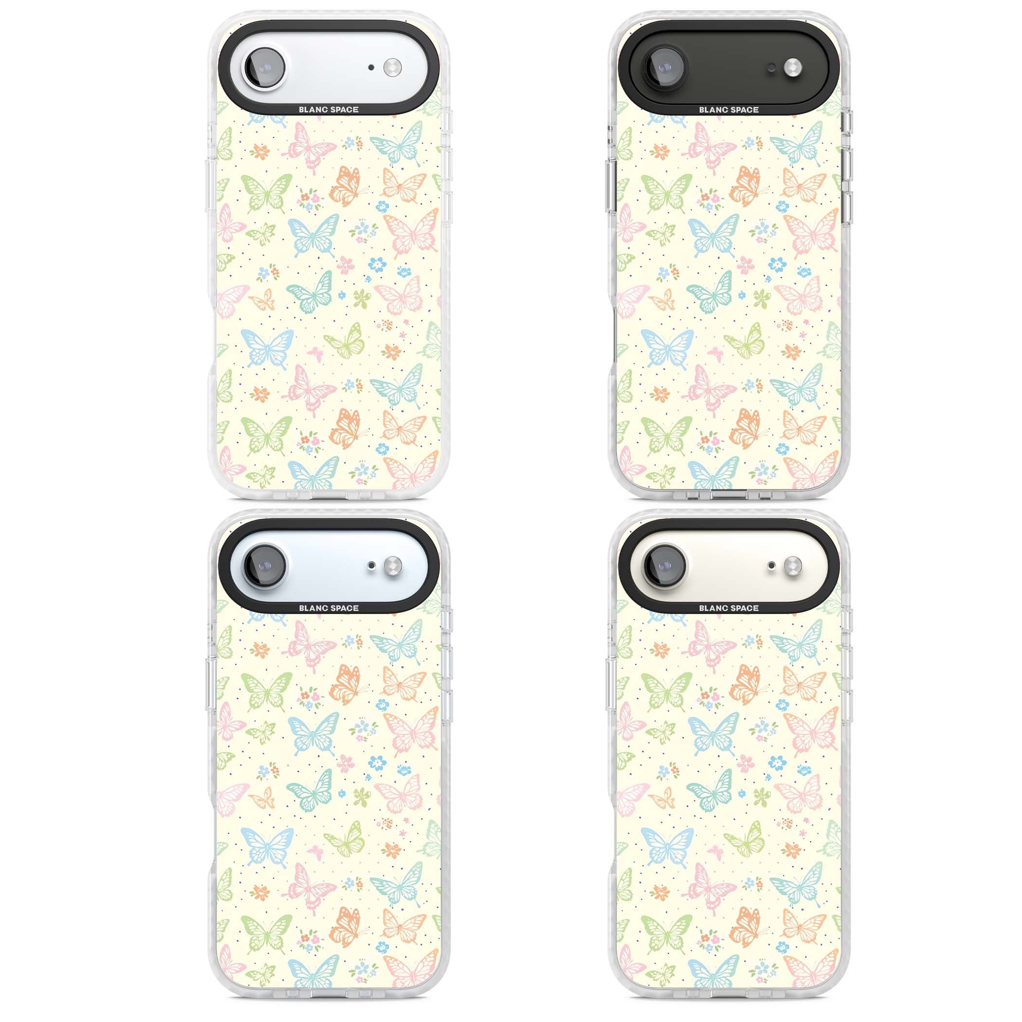 Sugar Wings cottagecore iPhone case featuring rainbow pastel butterflies, tiny wildflowers, and a cream background | Impact Magsafe case for iPhone Air
