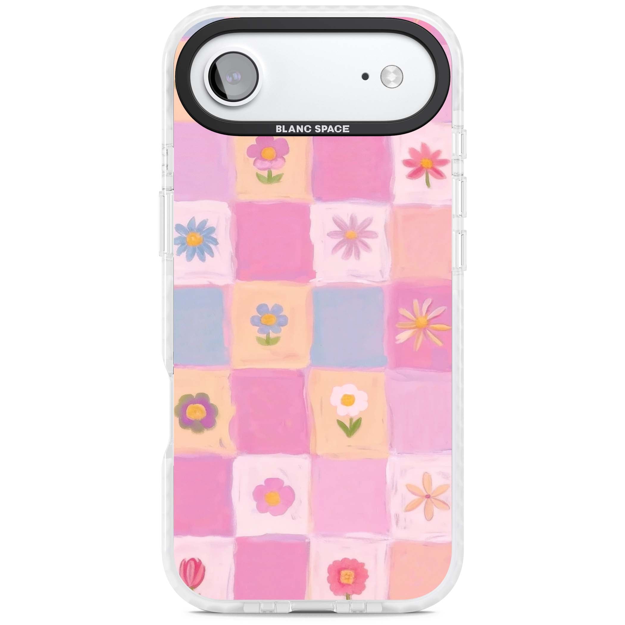 Pastel Flower Patchwork cottagecore iPhone case featuring painted pink and lilac squares with daisies and wildflowers | Impact Magsafe case for iPhone Air