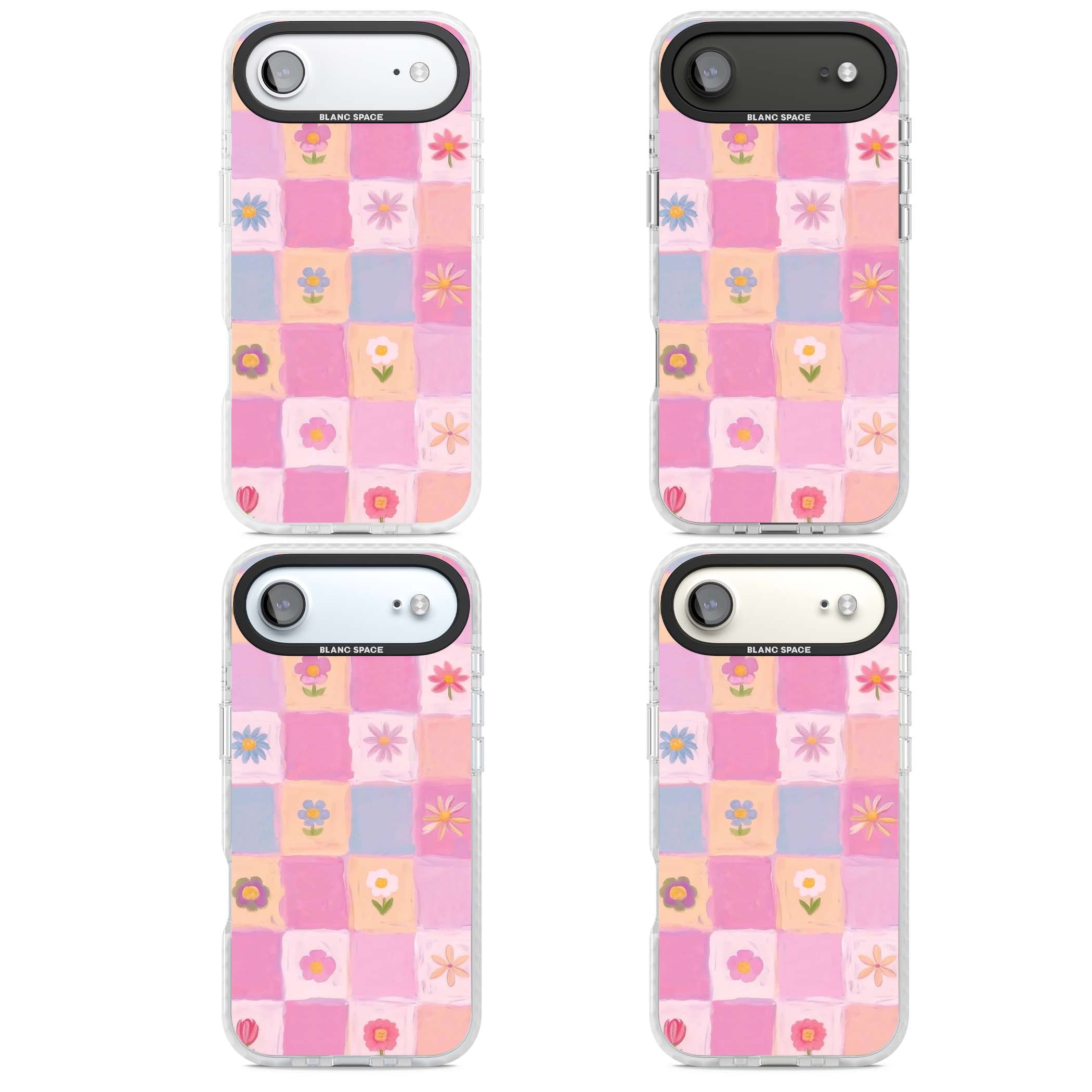 Pastel Flower Patchwork cottagecore iPhone case featuring painted pink and lilac squares with daisies and wildflowers | Impact Magsafe case for iPhone Air
