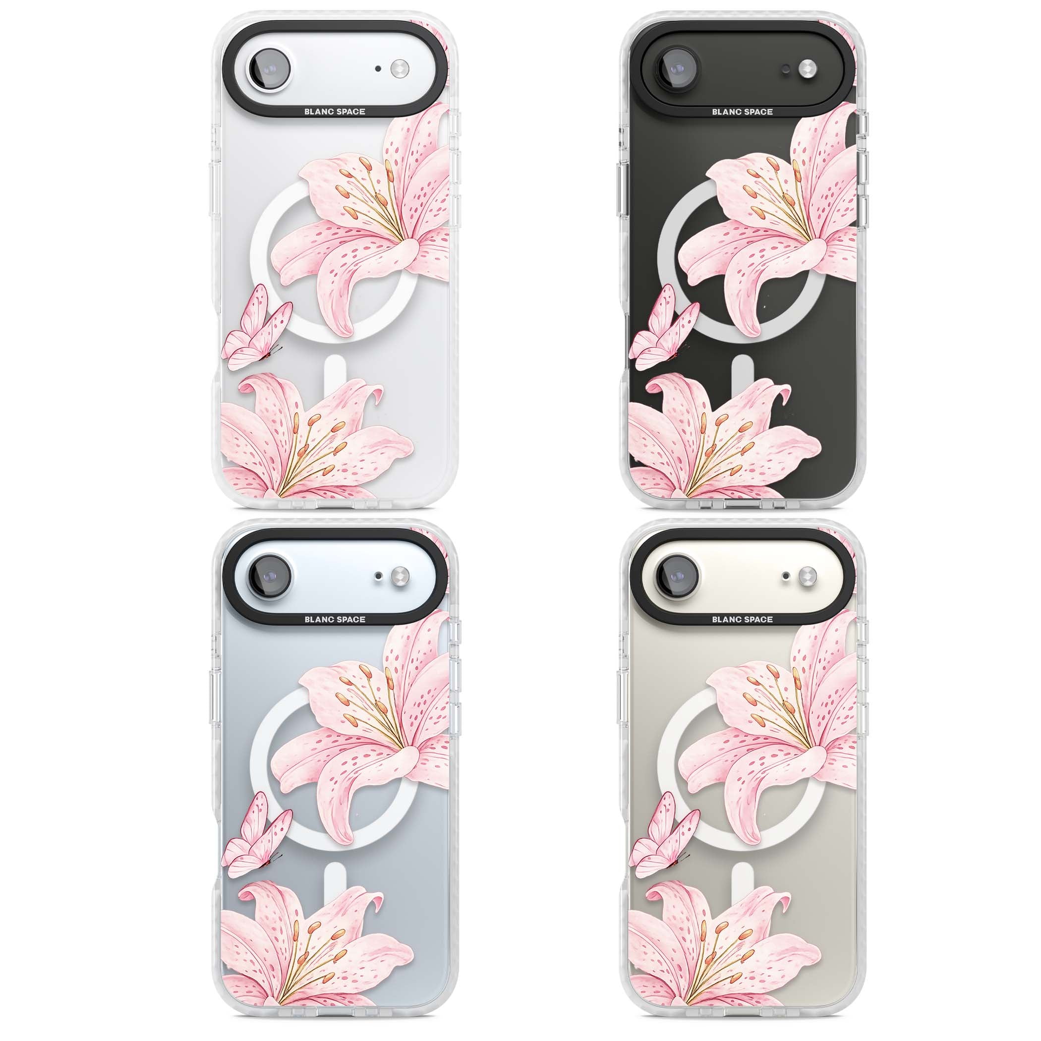 Lily Whisper floral iPhone case featuring pink watercolour lilies and delicate butterflies on a clear background | Impact Magsafe case for iPhone Air