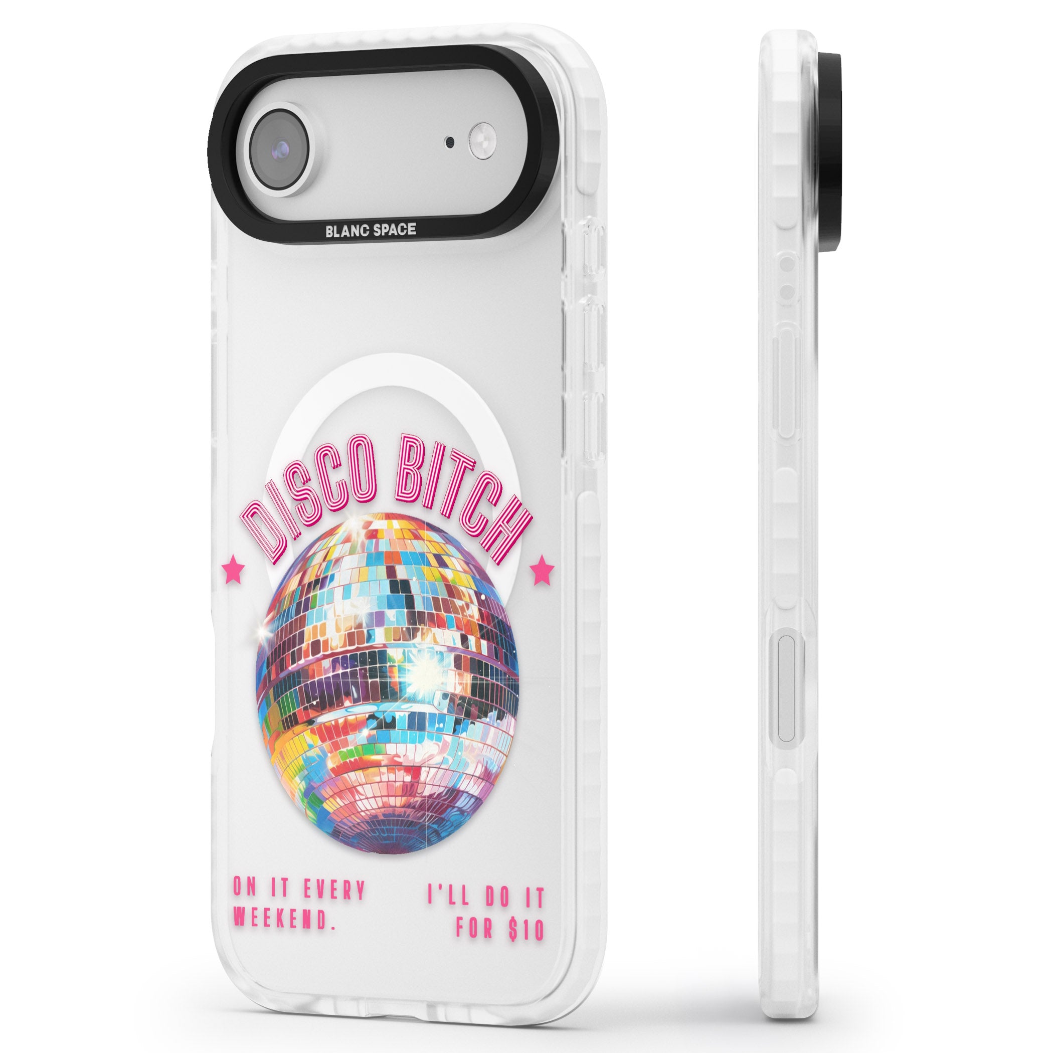 Disco B Tch iPhone 17 Air Impact Pro Clear Phone Case Side Profile