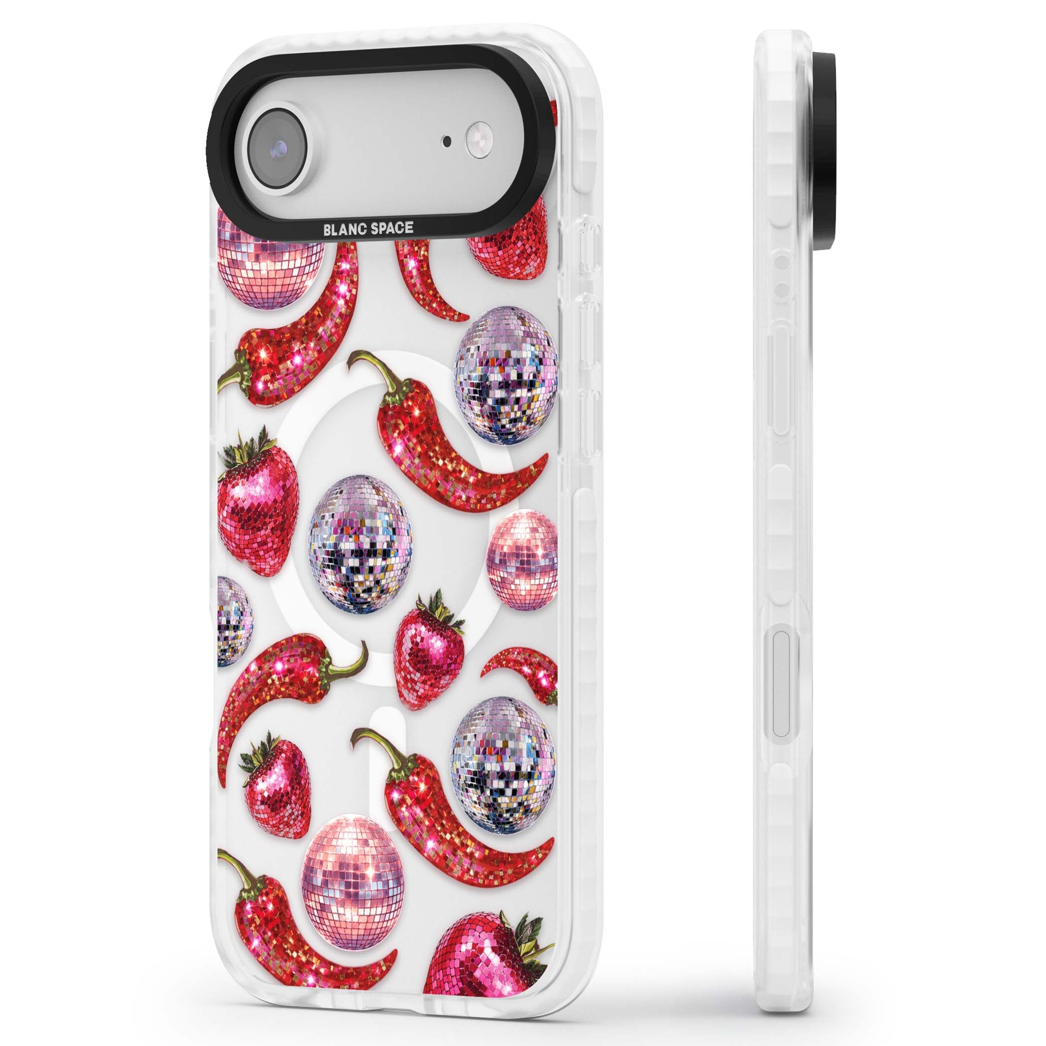 Spicy Disco Y2K iPhone case featuring glitter disco balls, sparkly strawberries and red chilli peppers | Impact Magsafe case for iPhone Air