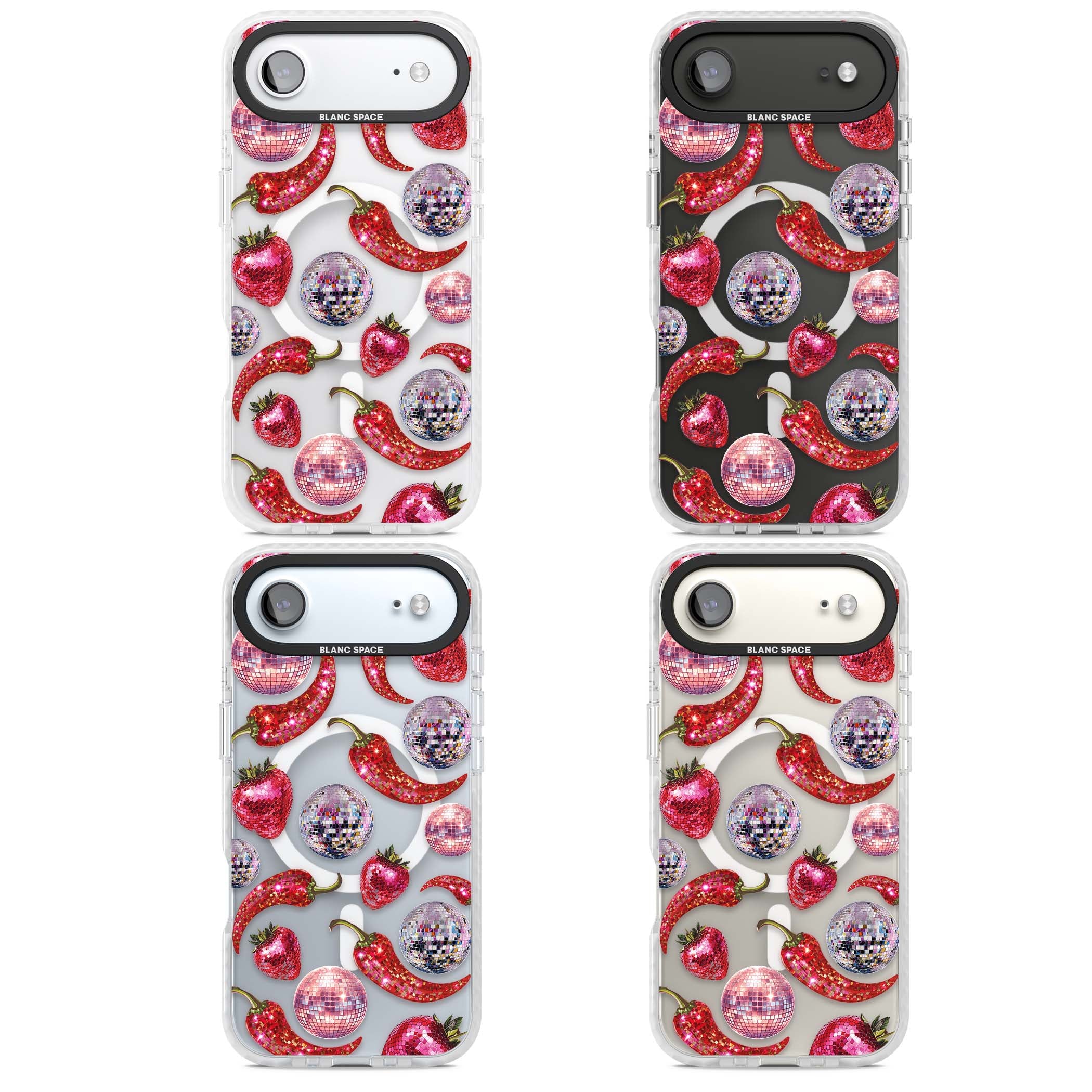 Spicy Disco Y2K iPhone case featuring glitter disco balls, sparkly strawberries and red chilli peppers | Impact Magsafe case for iPhone Air